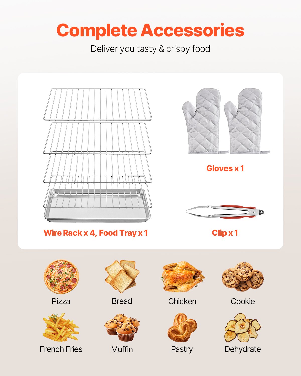 VEVOR Commercial Convection Oven, Conventional Worktop Oven, 58 L, 2800 W, Toaster Oven with Tempered Glass Door, Electric Oven with Wire Rack & Clamping Tray Gloves