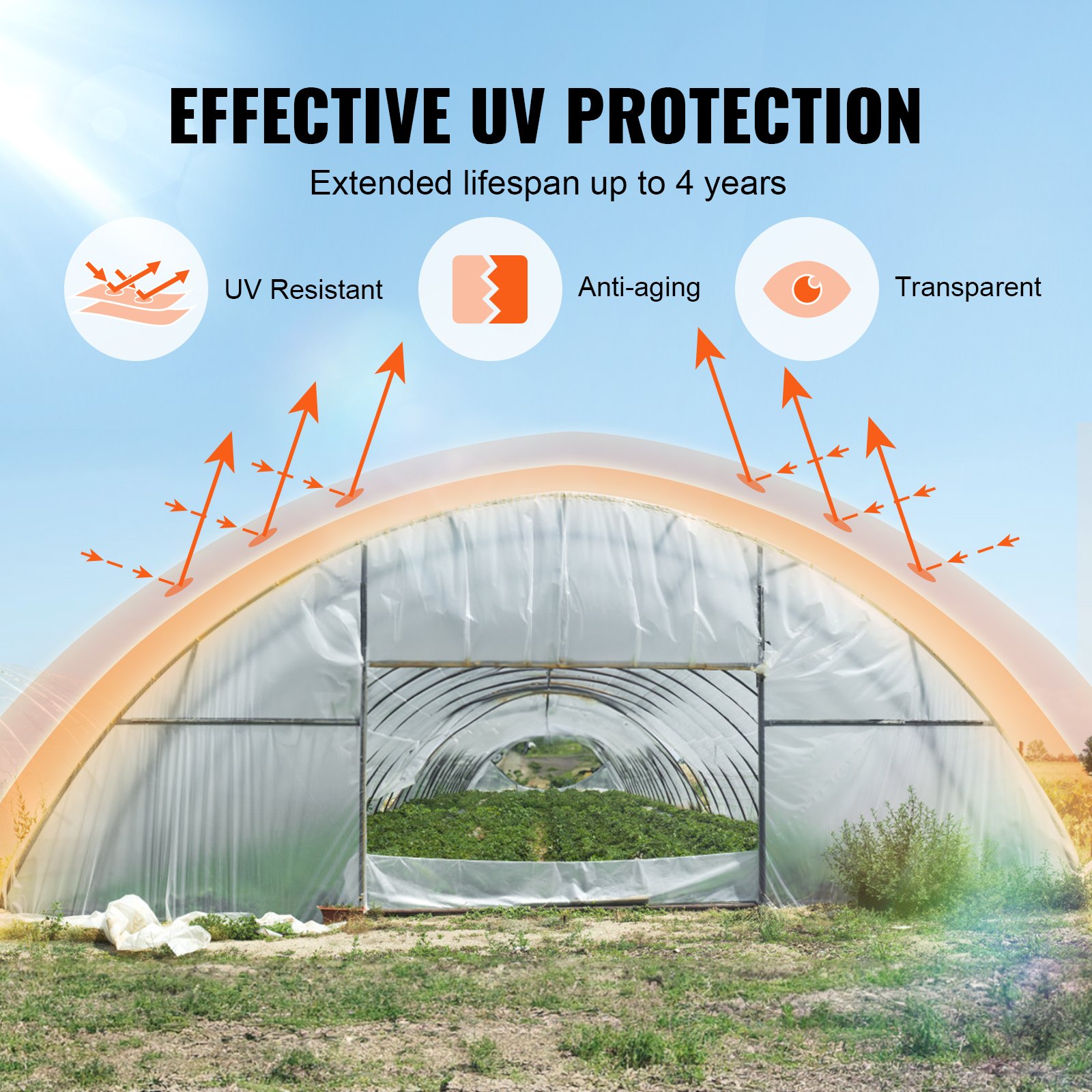 VEVOR Greenhouse Plastic Film, 8 x 8 m, 6 Mil Thickness, Transparent Greenhouse Film, Polyethylene Film, 4 Year UV Resistant, for Horticulture, Agriculture, Farming, Garden