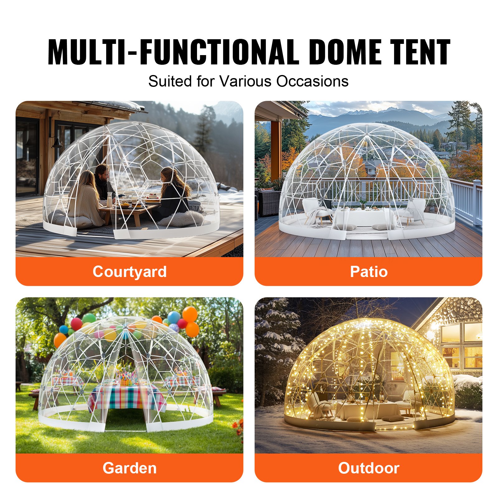 VEVOR Tenda a Cupola Copertura da 2,9 m Tenda da Campeggio a Cupola per Esterni, Tendone da Giardino con Finestra Trasparente, Copertura Impermeabile Trasparente per Campeggio, Viaggio, Eventi, Feste
