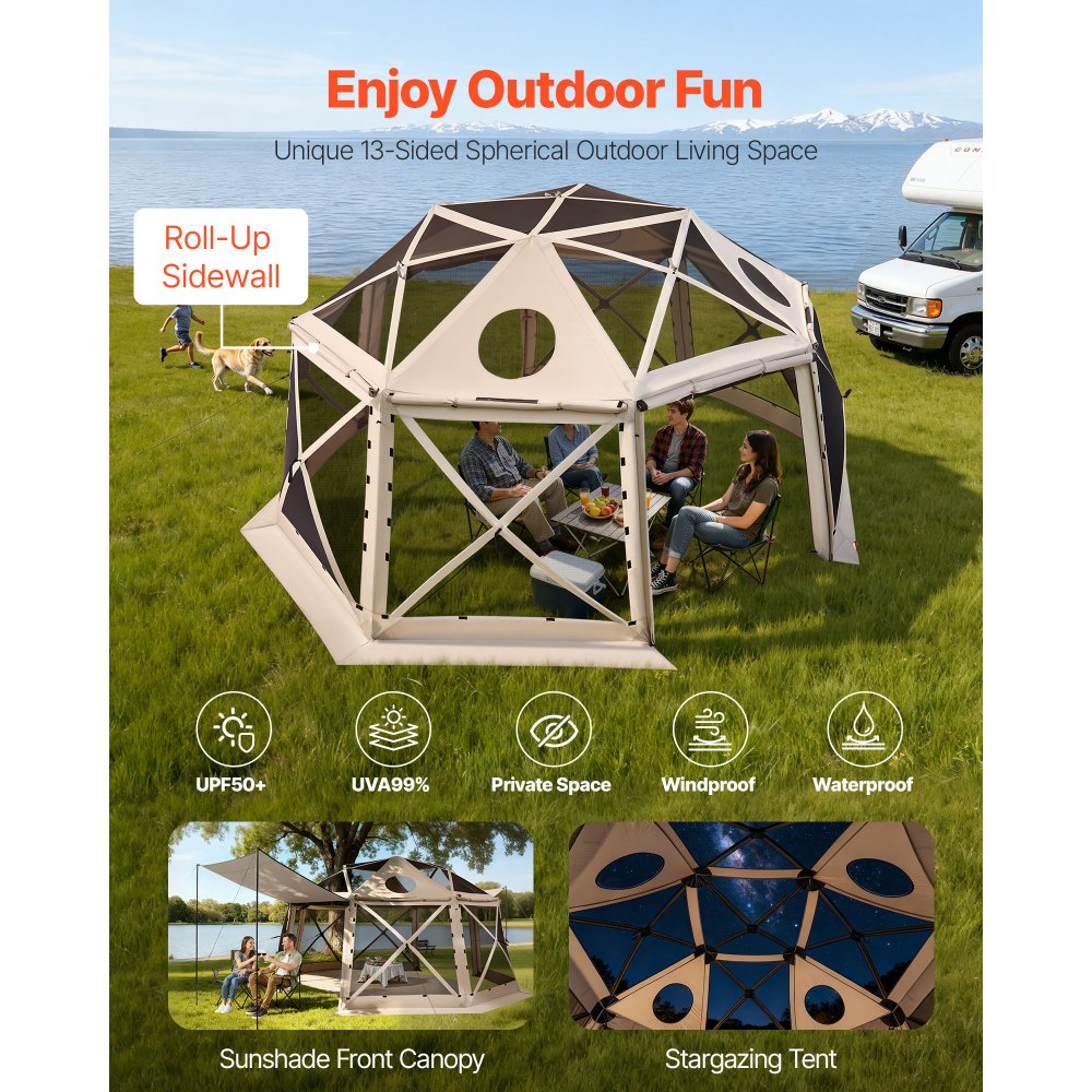 VEVOR Tendone Pieghevole Gazebo da Giardino a 13 Lati da 4,57 x 4,57 m con Parte Superiore Rimovibile e Borsa per il Trasporto, Montaggio Rapido, Riparo dal Sole per 12-15 Persone, Beige