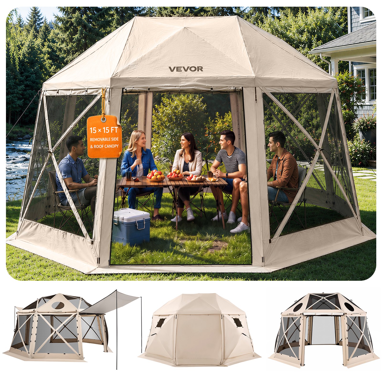 VEVOR Tendone Pieghevole Gazebo da Giardino a 13 Lati da 4,57 x 4,57 m con Parte Superiore Rimovibile e Borsa per il Trasporto, Montaggio Rapido, Riparo dal Sole per 12-15 Persone, Beige