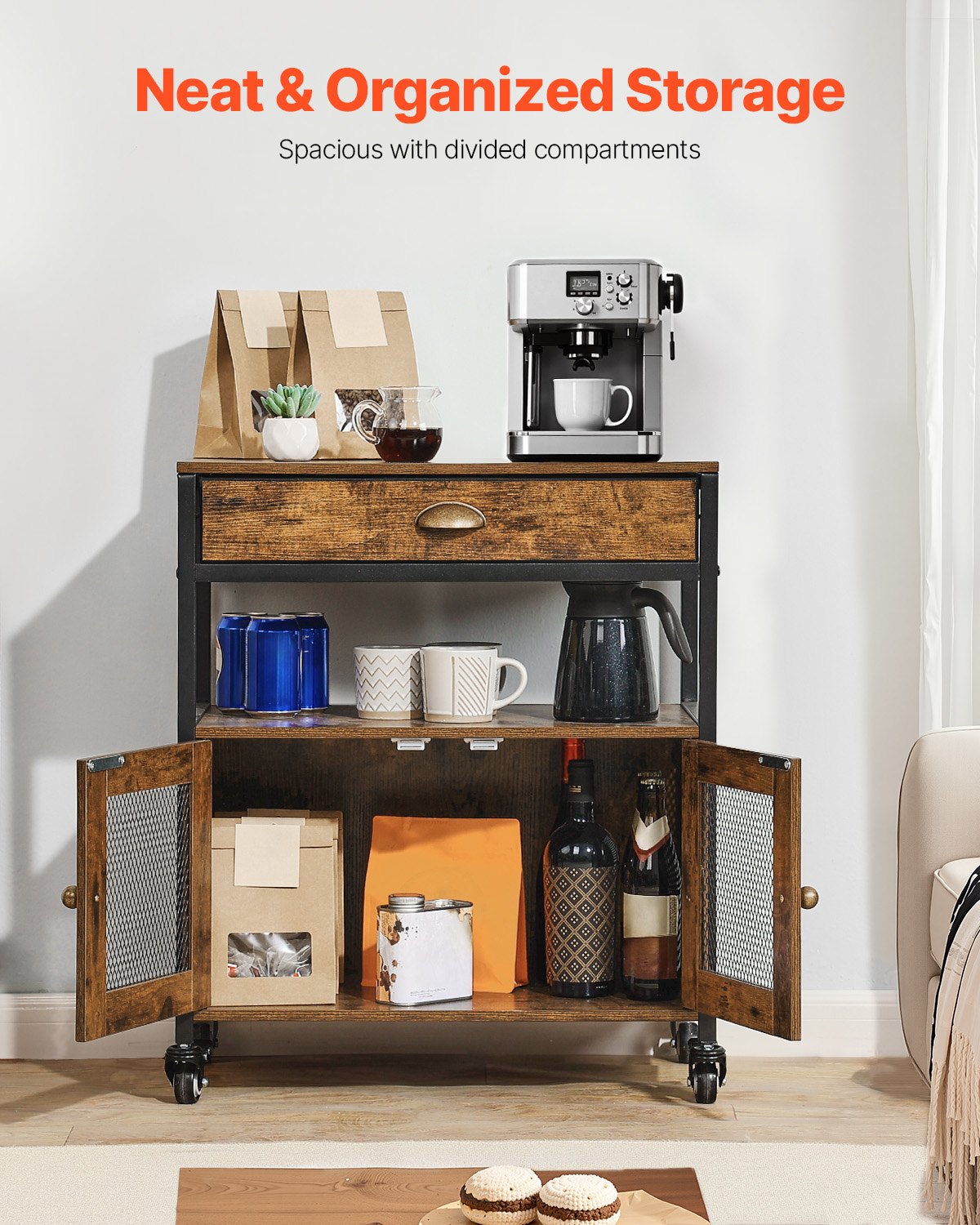 VEVOR Coffee Bar Cabinet 61 x 36 x 70.5 cm Country Style Coffee Bar Cabinet with 4-Tier Storage, Movable Coffee Bar Table with Wheels & Mesh Door, Sideboard Buffet Cabinet for Kitchen Entrance Area