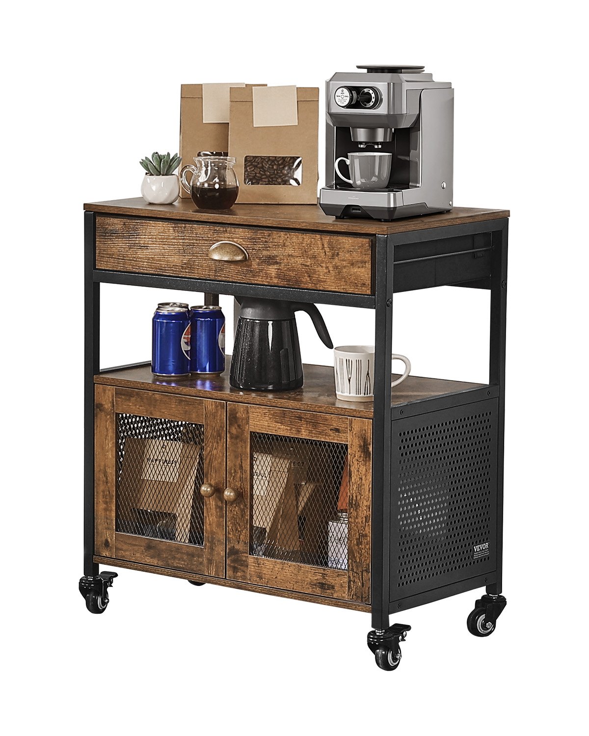 VEVOR Coffee Bar Cabinet 61 x 36 x 70.5 cm Country Style Coffee Bar Cabinet with 4-Tier Storage, Movable Coffee Bar Table with Wheels & Mesh Door, Sideboard Buffet Cabinet for Kitchen Entrance Area
