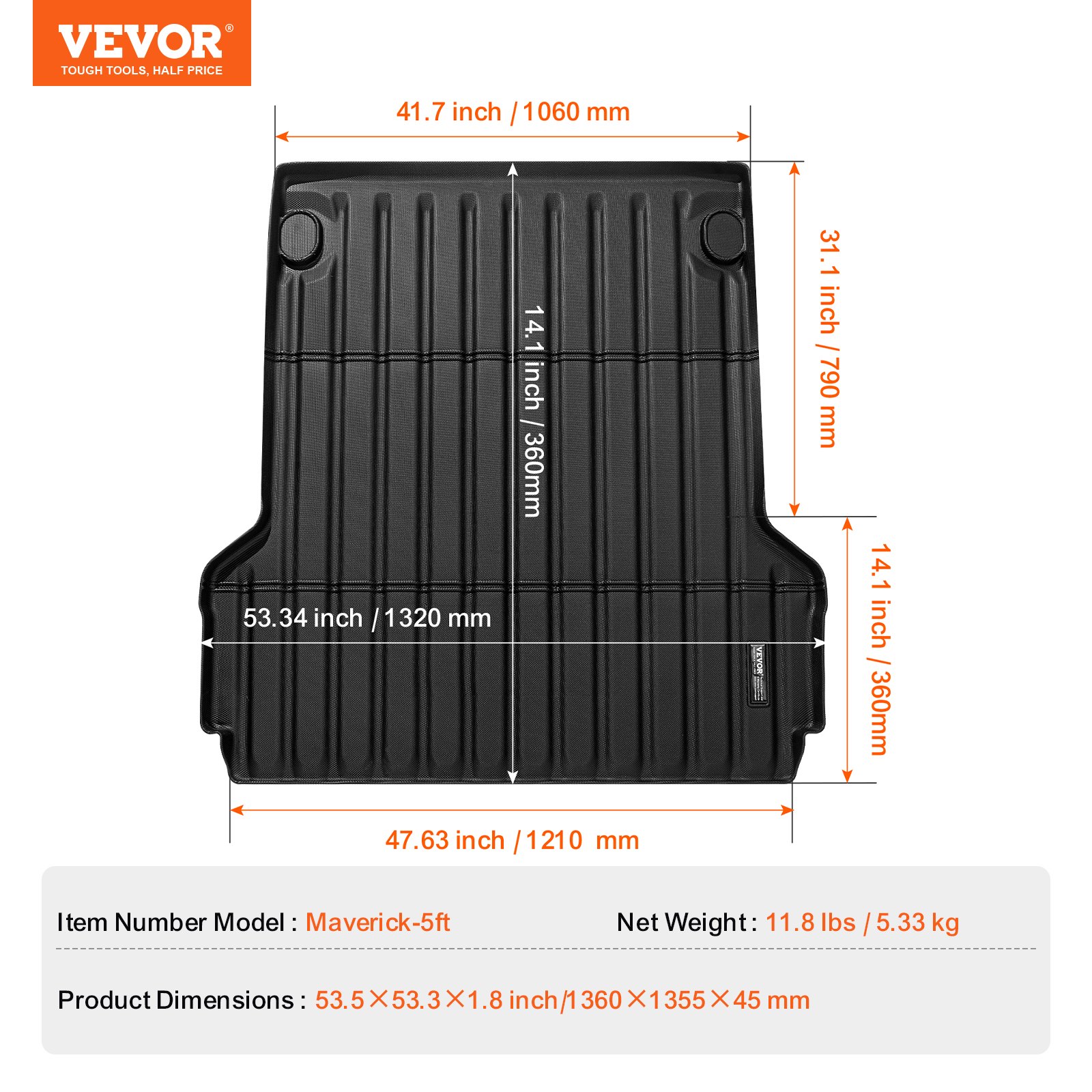 VEVOR Truck Bed Mat Compatible with Ford Maverick 2022-2024, TPE Truck Bed Mat 1360 x 1355 x 45 mm, Black, Easy to Clean, Thick Mattress, Ideal for Transport