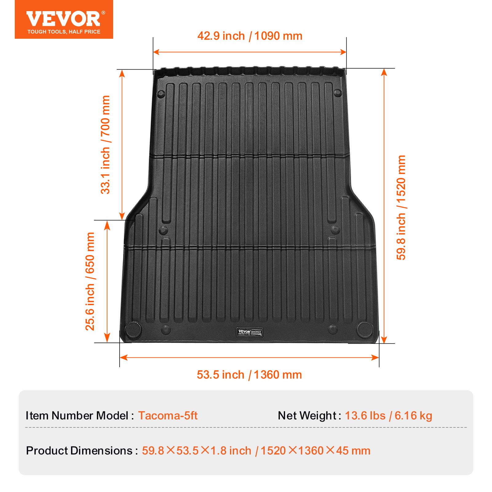 VEVOR Truck Bed Mat Compatible with Toyota Tacoma 2005-2023, TPE Truck Bed Mat 1520 x 1360 x 45 mm, Black Thick Mattress, Ideal for Transporting Goods
