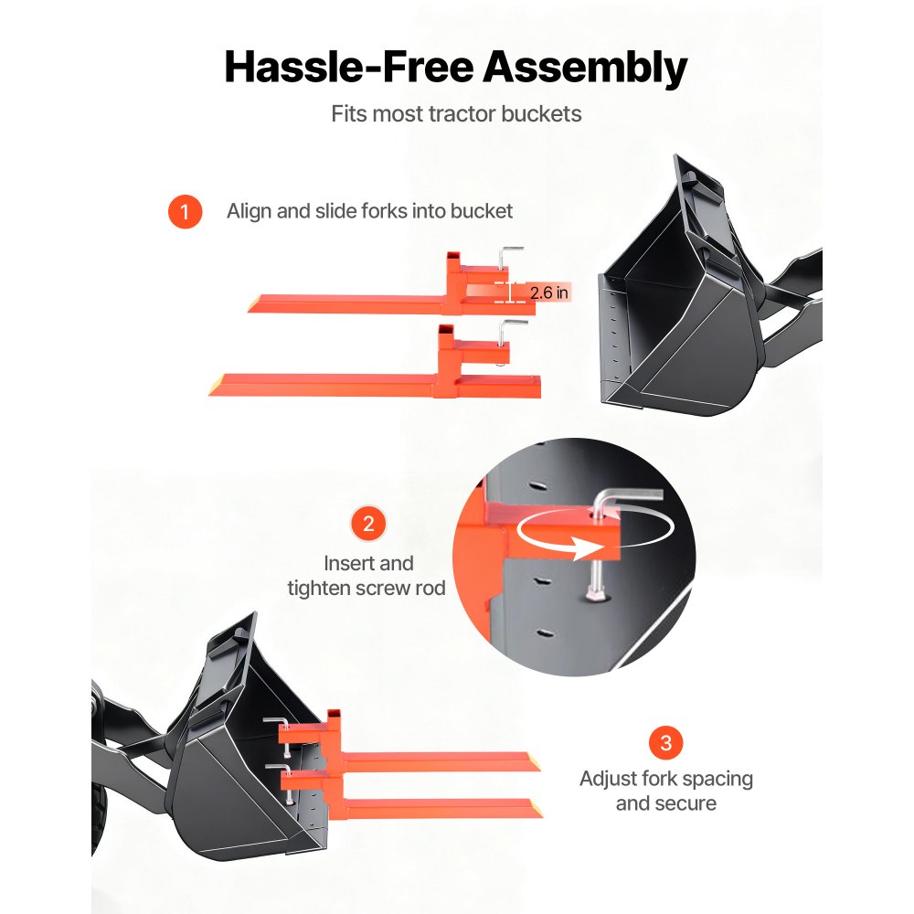 VEVOR Forche per Pallet con Morsetto da 907 kg Lunghezza Totale 109 cm, Forche per Trattore ad Attacco Rapido per Impieghi Gravosi, Compatibili con Accessori per Trattori, Benna Caricatrice