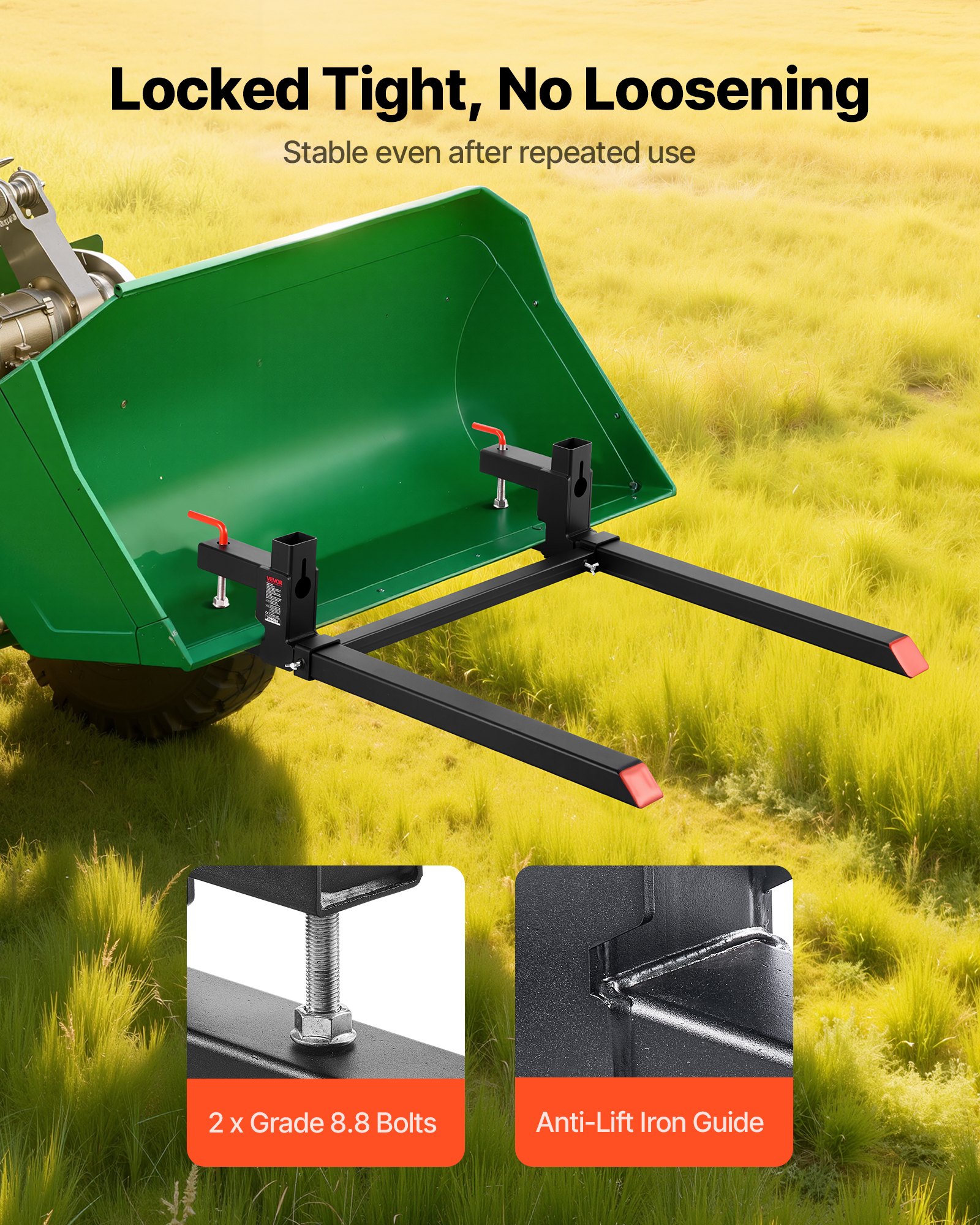 VEVOR Forche per Pallet con Morsetto da 907 kg Lunghezza Totale 109 cm, Forche per Trattori per Impieghi Gravosi con Barra Stabilizzatrice Regolabile per Accessori per Trattori, Benna di Carico