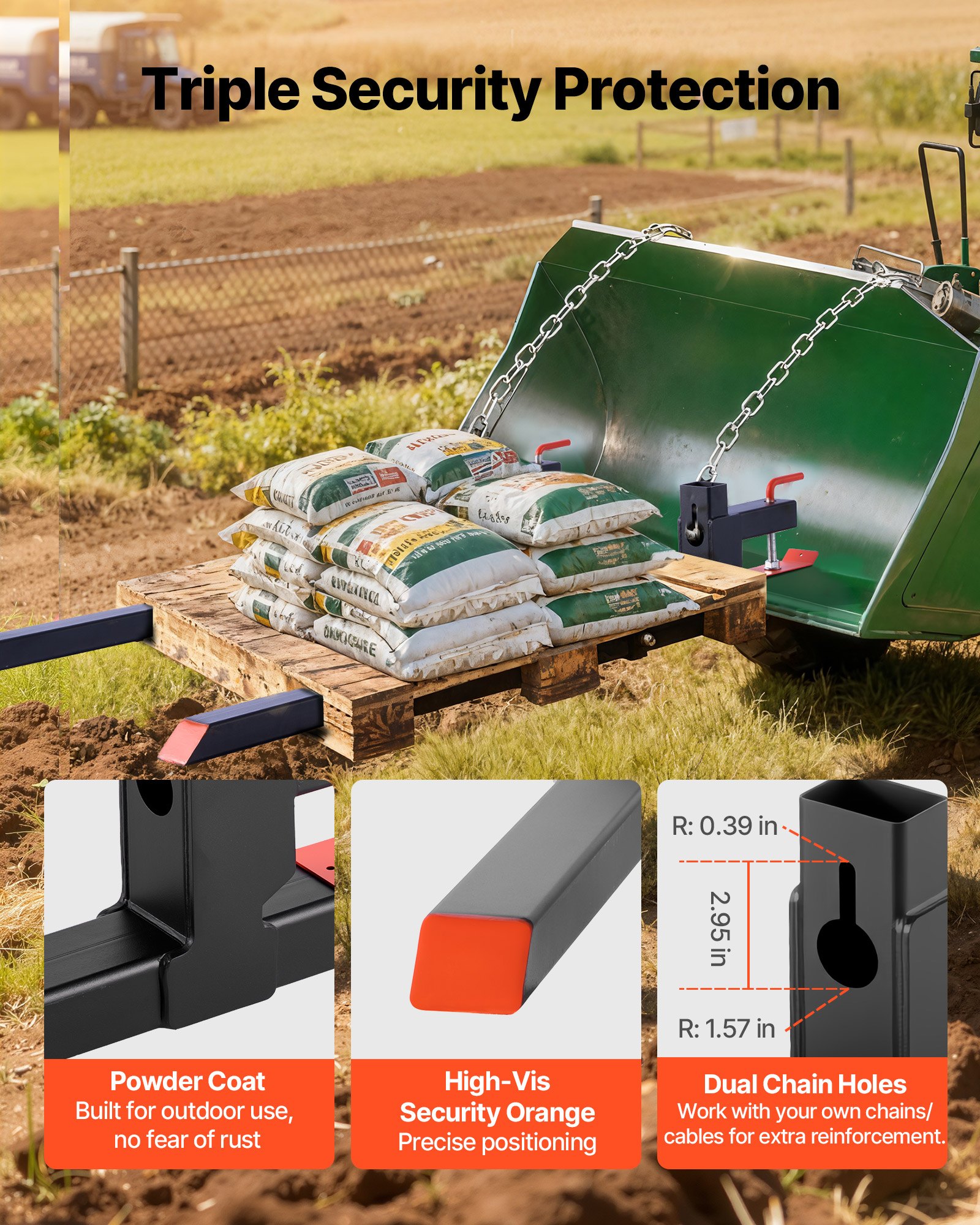 VEVOR Forche per Pallet con Morsetto da 907 kg Lunghezza Totale 149 cm, Forche per Trattori per Impieghi Gravosi con Barra Stabilizzatrice Regolabile per Accessori per Trattori, Benna di Carico