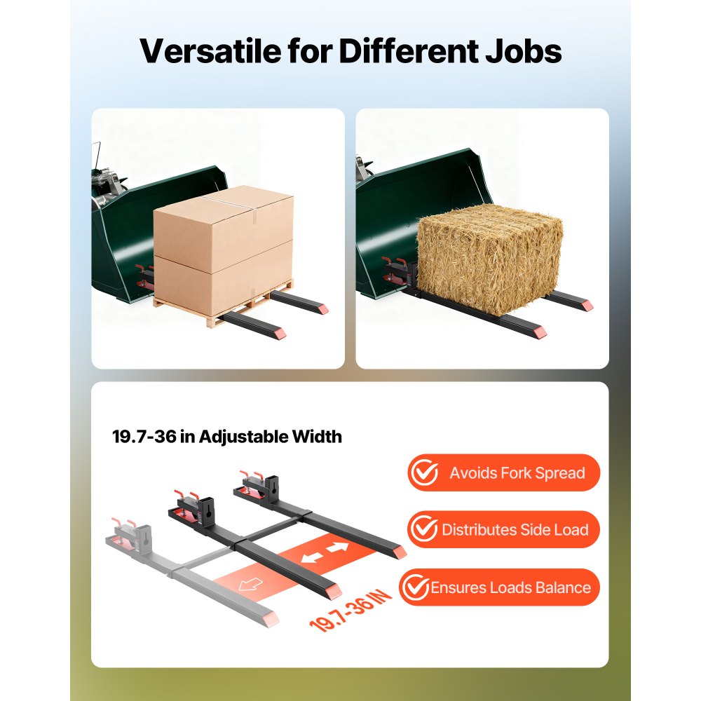 VEVOR Forche per Pallet con Morsetto da 1814 kg Lunghezza Totale 149 cm, Forche per Trattori per Impieghi Gravosi con Barra Stabilizzatrice Regolabile per Accessori per Trattori, Benna di Carico