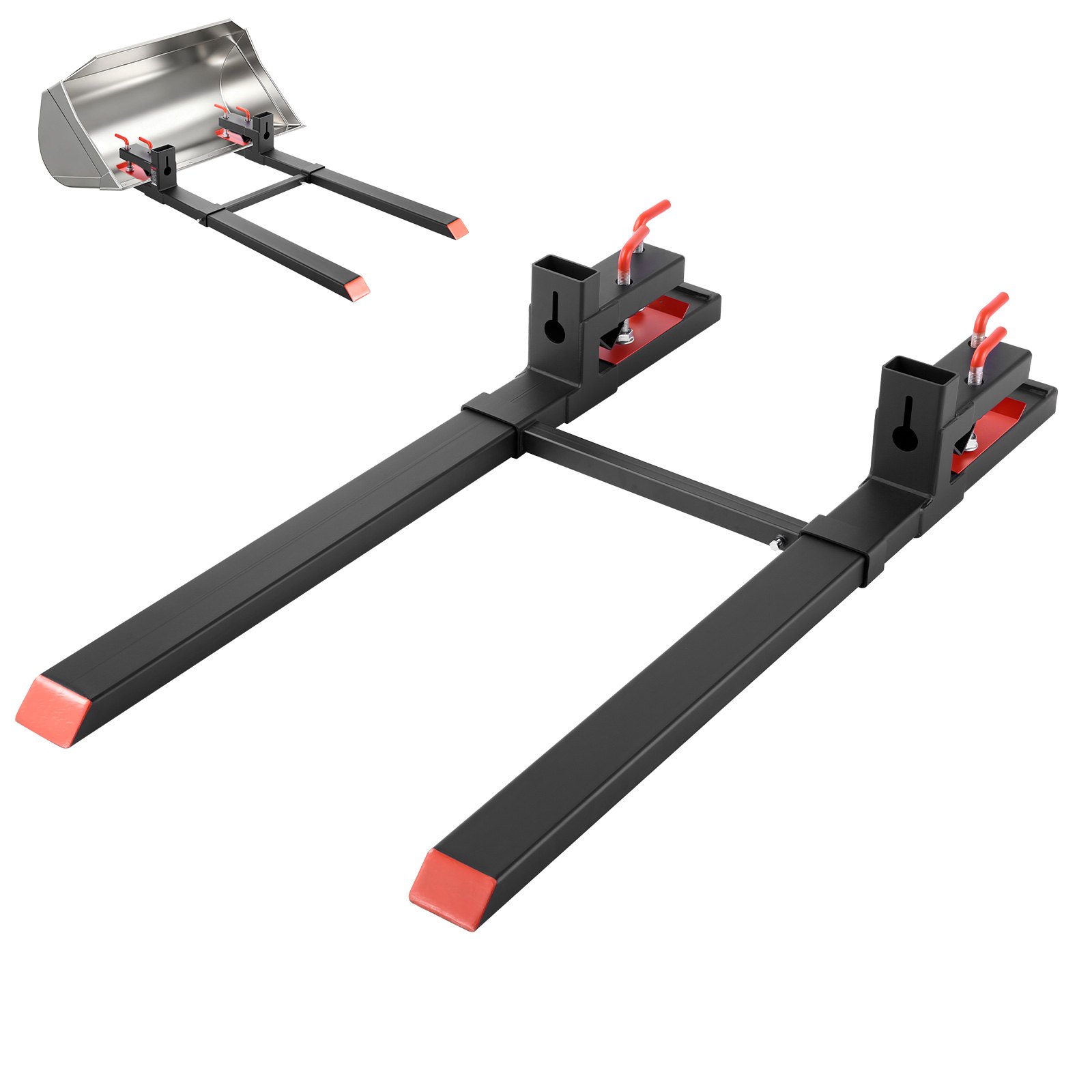 VEVOR Forche per Pallet con Morsetto da 1814 kg Lunghezza Totale 149 cm, Forche per Trattori per Impieghi Gravosi con Barra Stabilizzatrice Regolabile per Accessori per Trattori, Benna di Carico