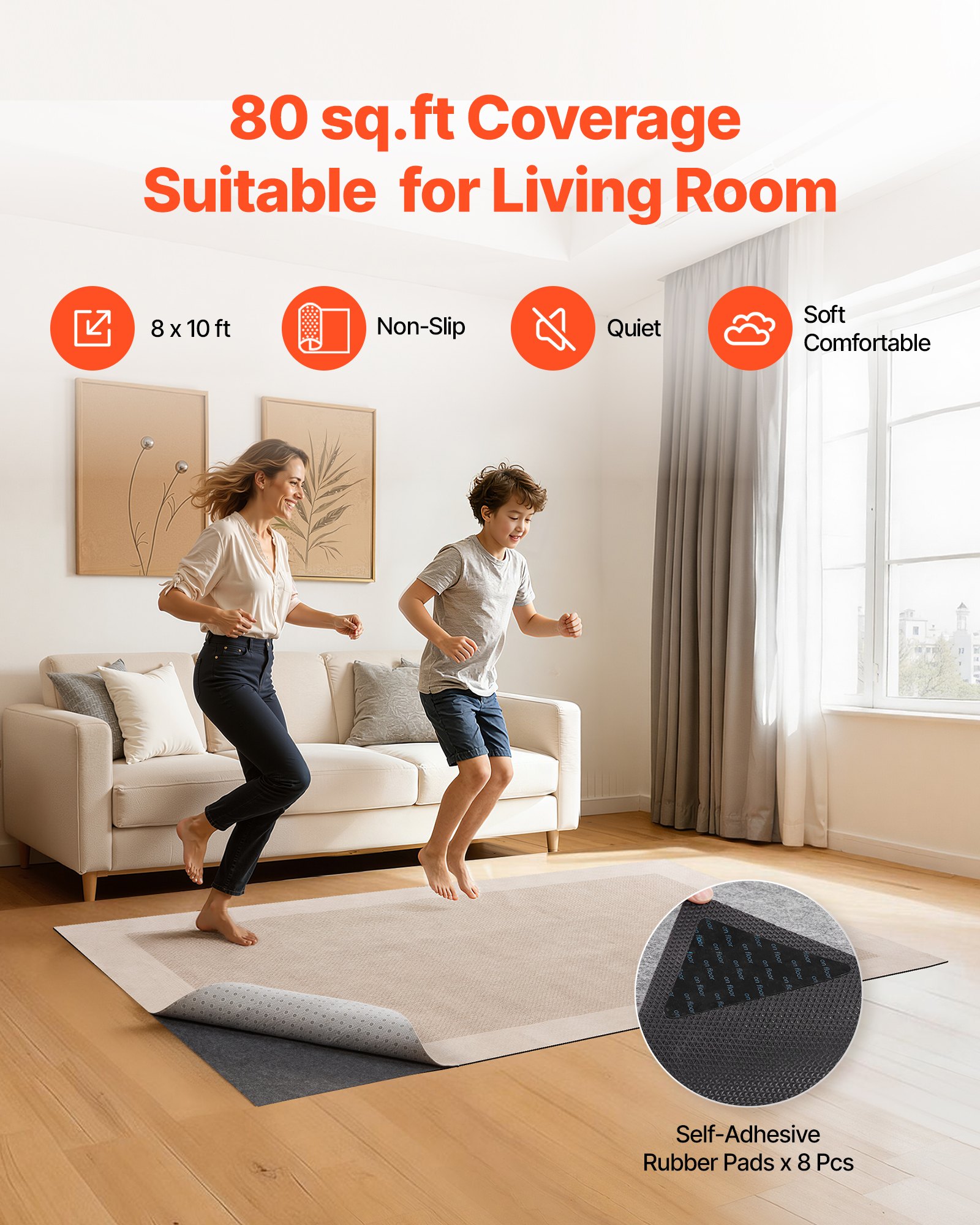 VEVOR Rug Pad 2.44 x 3.05 m, Non-slip Carpet Area Pad, Rug Mat Padding with Dual Surface Felt Cushion & Rubber Gripper, Hardwood Floor Protection for All Floors, Finishes, Keeps Carpets in Place