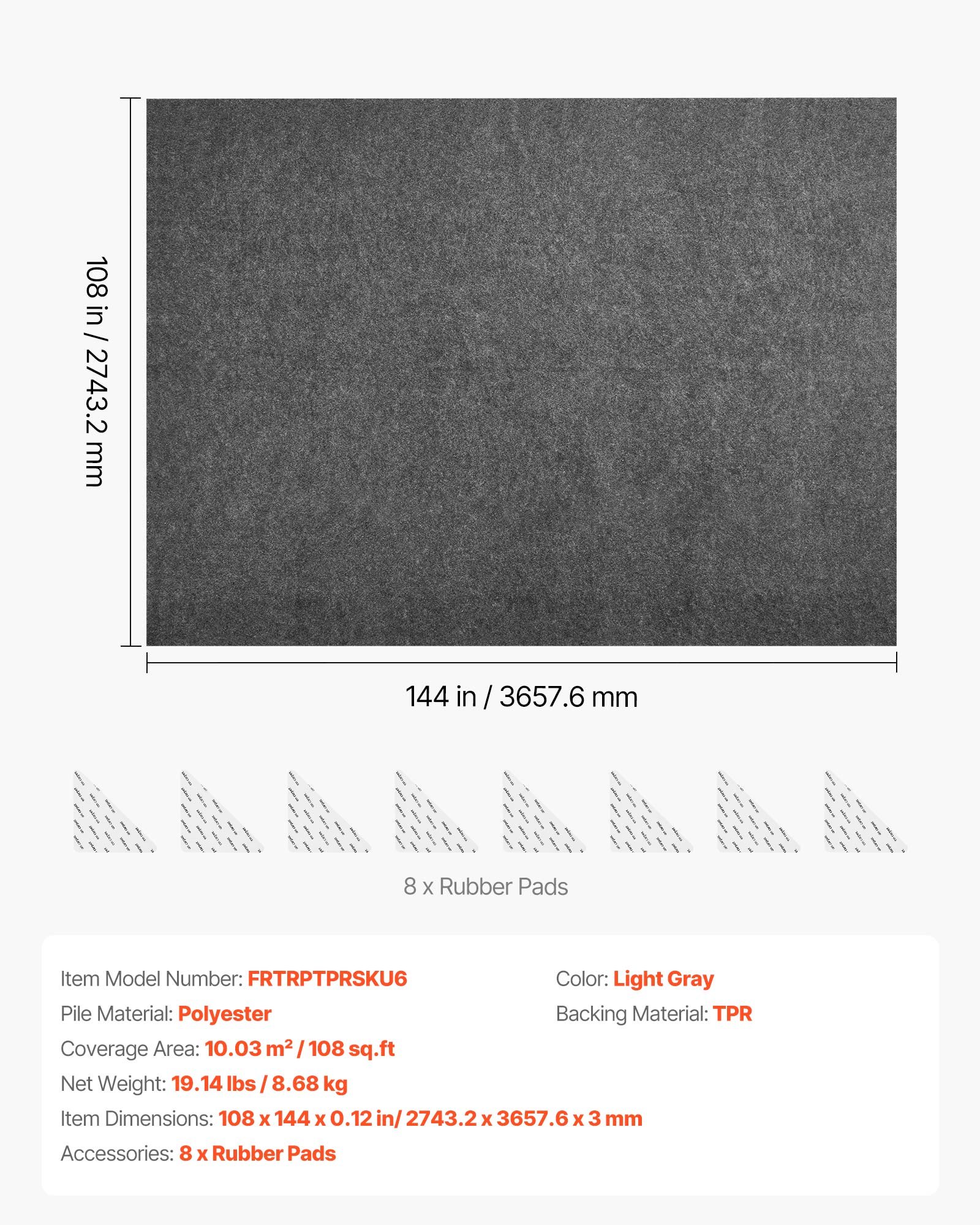 VEVOR Ferma Tappeto Antiscivolo da 2743,2 x 3657,6 x 3 mm, Rete per Tappeti con Cuscino in Feltro a Doppia Superficie e Antiscivolo in Gomma, Protezione per Pavimenti in Legno per Pavimenti, Finiture