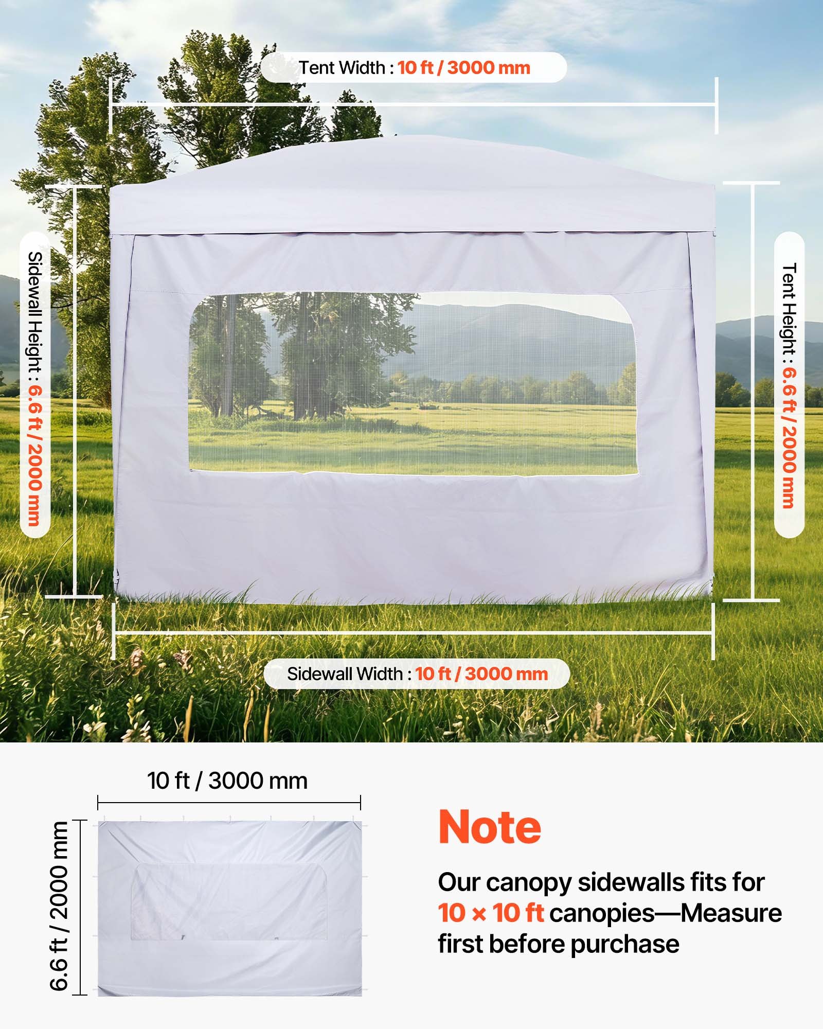 VEVOR Tenda Laterale per Gazebo da Giardino da 3 x 3 m, con Strato Impermeabile e di Protezione dalla Luce Solare per Tende per Eventi all'Aperto, Campeggio, solo 1 Parete Laterale, Bianco