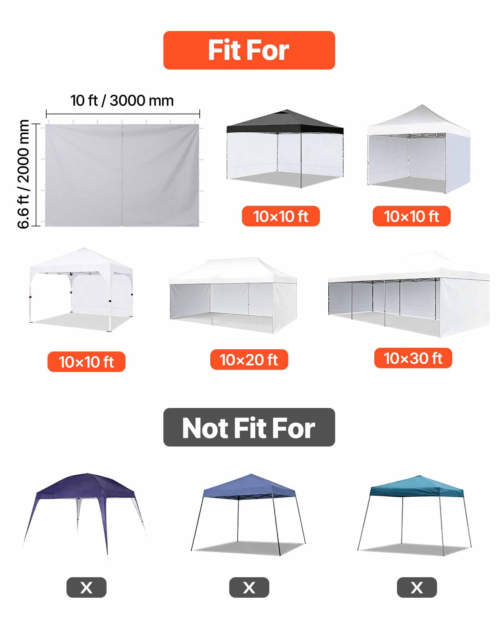 VEVOR Tenda Laterale per Gazebo da Giardino da 3 x 3 m, con Strato Impermeabile e di Protezione dalla Luce Solare per Tende per Eventi all'Aperto, Campeggio, Solo 4 Pareti Laterali, Bianco