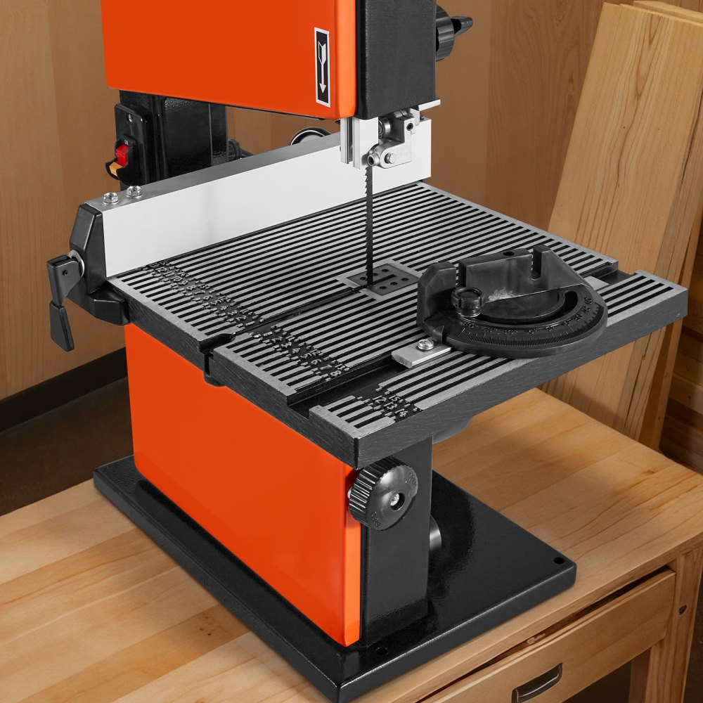 VEVOR Troncatrice a Nastro da Banco per Lavorazione Legno Motore Potenza Nominale 373W Larghezza di Taglio max. 229mm, Banco da Lavoro 300x300 mm Intervallo di Inclinazione da 0 a 45°