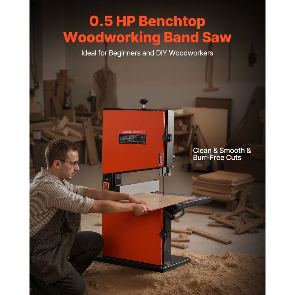 VEVOR Troncatrice a Nastro da Banco per Lavorazione Legno Motore Potenza Nominale 373W Larghezza di Taglio max. 229mm, Banco da Lavoro 300x300 mm Intervallo di Inclinazione da 0 a 45°