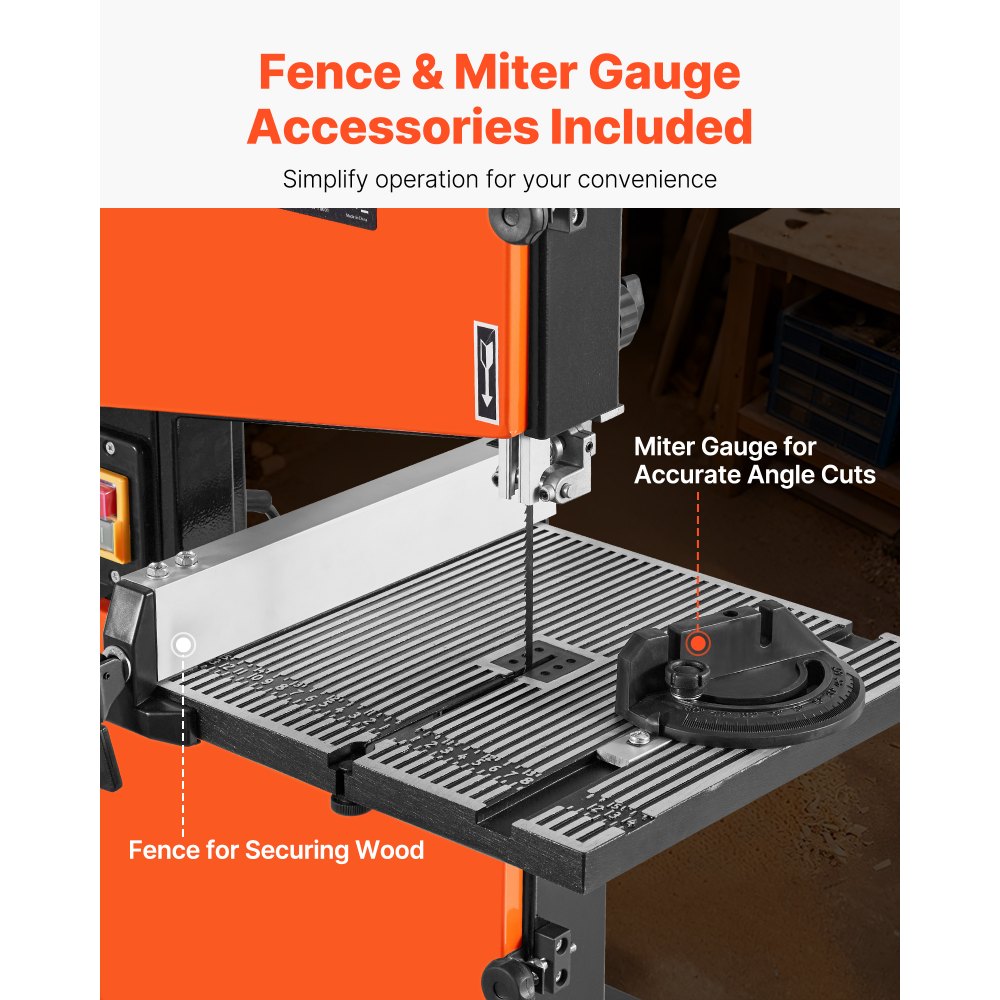 VEVOR Troncatrice a Nastro da Banco per Lavorazione Legno Motore Potenza Nominale 373W Larghezza di Taglio max. 229mm, Banco da Lavoro 300x300 mm Intervallo di Inclinazione da 0 a 45°