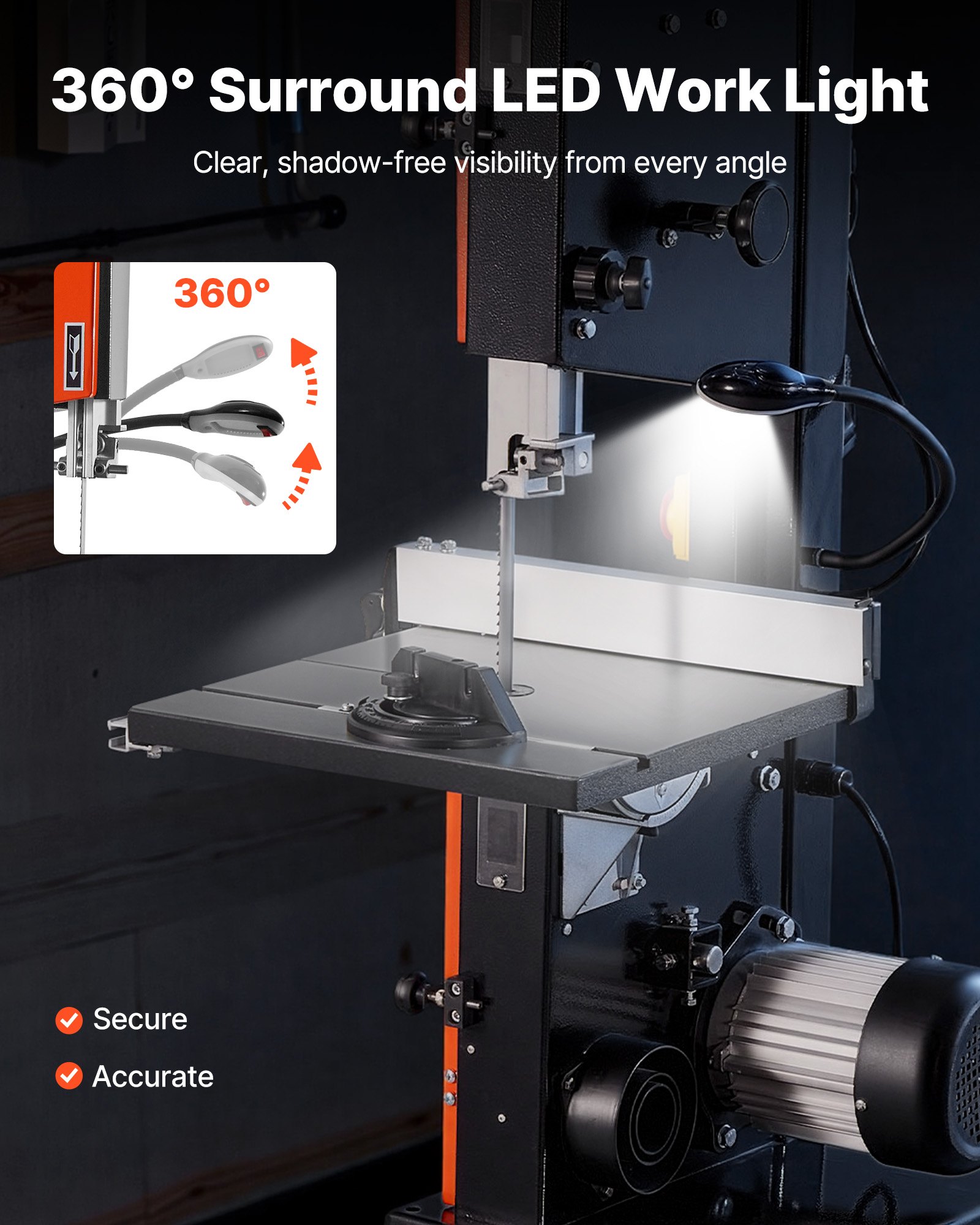 VEVOR Troncatrice a Nastro da Banco Motore Potenza Nominale 373W Larghezza di Taglio max. 254mm, Altezza di Taglio max. 160mm con Luce di Lavoro LED per Lavorazione Legno