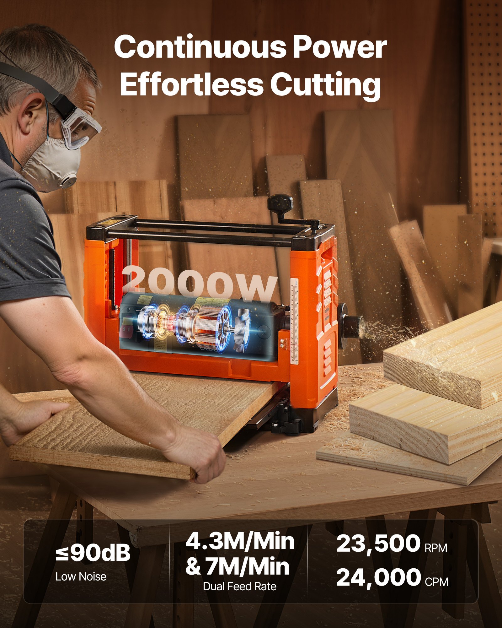 VEVOR Thickness Planer, Two Speed, 330 mm Width Worktable Power Benchtop Planer, Three-Blade, 2000W 23500 RPM Powerful Motor, Dual Rollers, Over Protection, Woodworking for Hard & Soft Wood Material