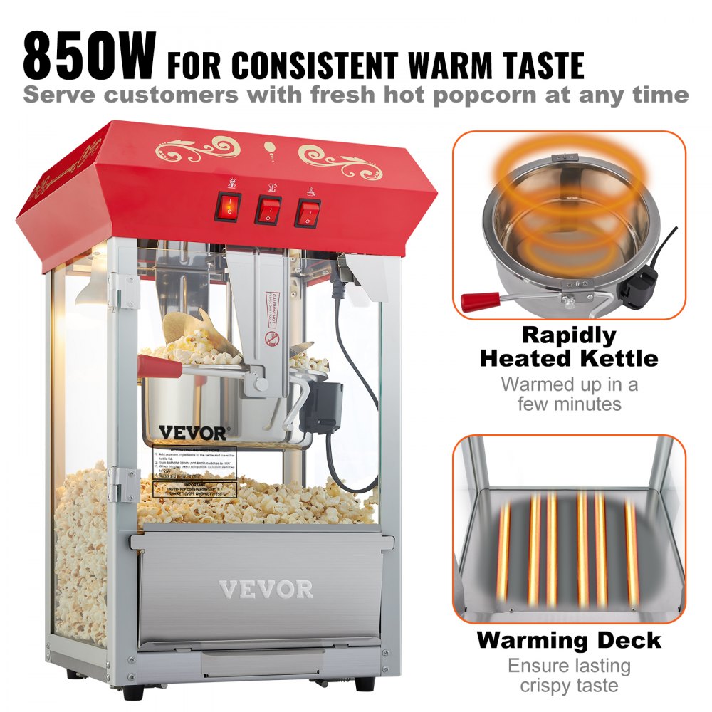 VEVOR Macchina per Popcorn da 850 W Macchina Popcorn Elettrico Bollitore 0,22 kg Produce 48 Tazze per Lotto con Vetro Temperato, Macchina per Popcorn da Banco, Include 4 Misurini, Stile Cinema, Rosso