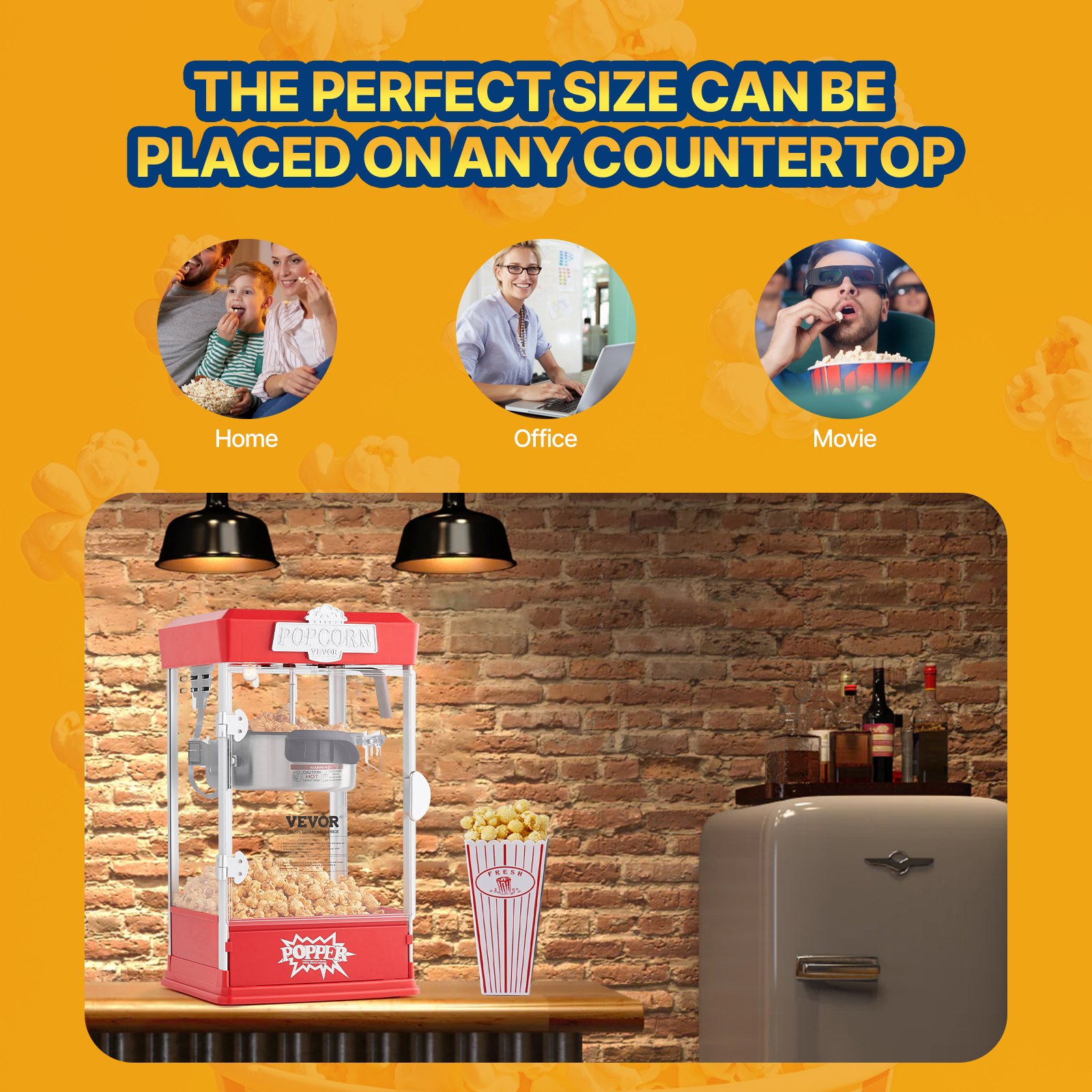 VEVOR Macchina per Popcorn, 275 x 240 x 485 mm Macchina Popcorn Elettrico 480W Bollitore da 0,11 kg Produrre 6,82 L per Lotto, Macchina per Popcorn da Tavolo, Include 3 Misurini, Stile Cinema, Rosso
