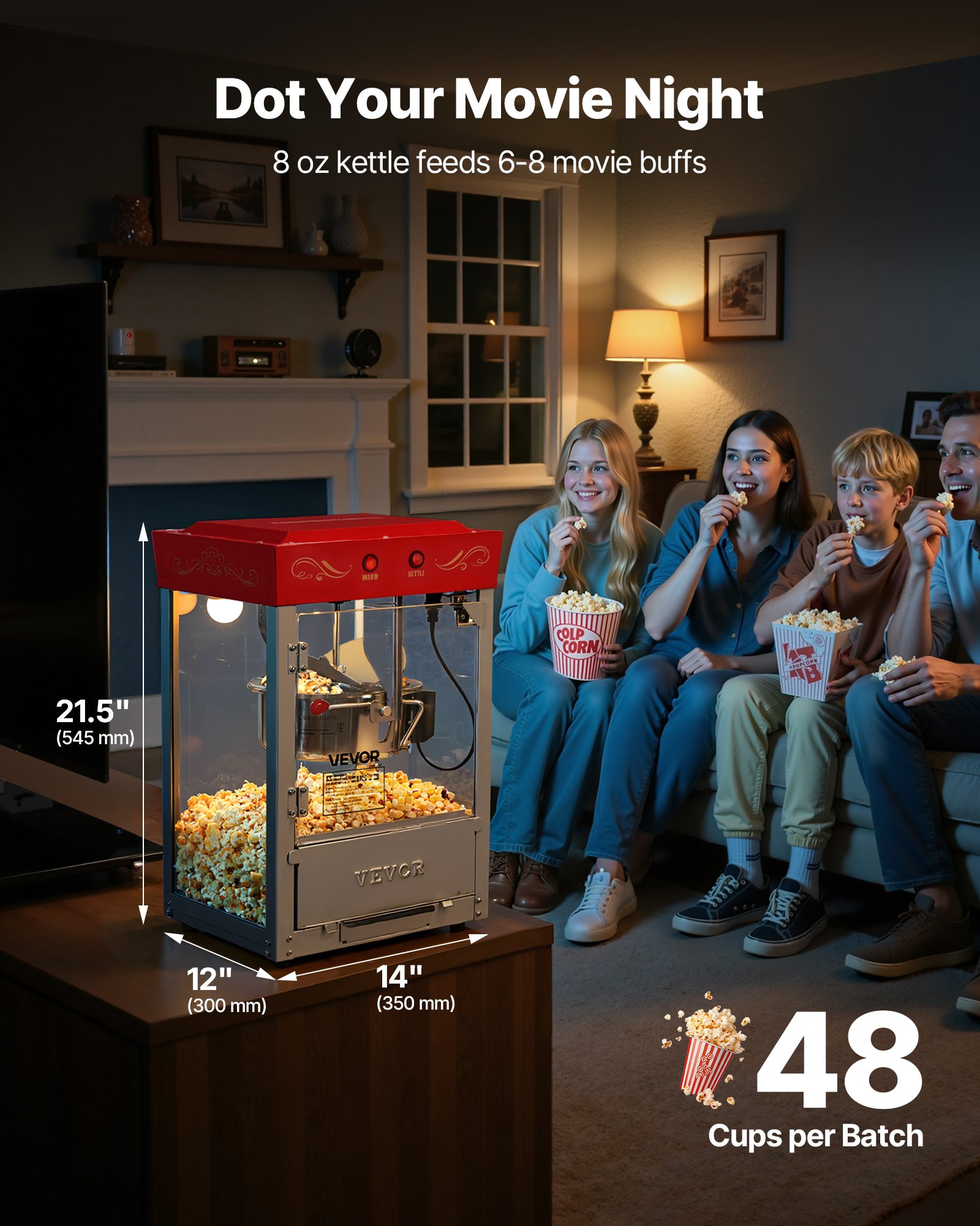 VEVOR Macchina per Popcorn, Bollitore in Acciaio Inox da 0,2 kg, 800 W, 48 Tazze per Dose, Stile Cinema, con Controllo a 2 Pulsanti, con Parete in Vetro, 1 Misurino, 3 Cucchiai, Rosso