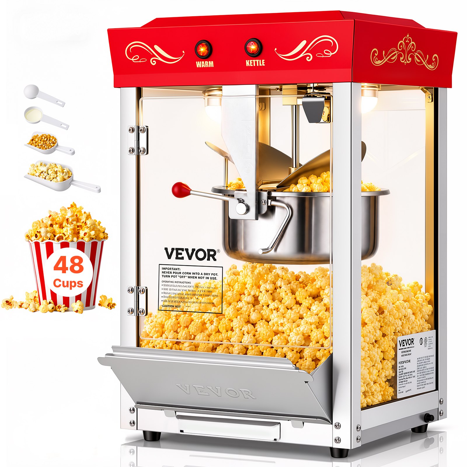 VEVOR Macchina per Popcorn, Bollitore in Acciaio Inox da 0,2 kg, 800 W, 48 Tazze per Dose, Stile Cinema, con Controllo a 2 Pulsanti, con Parete in Vetro, 1 Misurino, 3 Cucchiai, Rosso