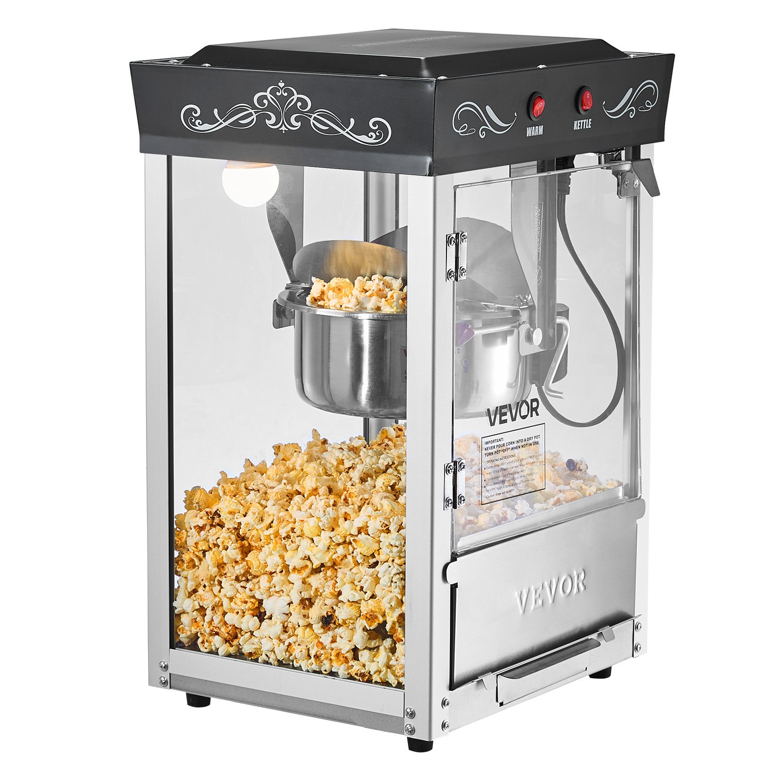 VEVOR Macchina per Popcorn, Bollitore in Acciaio Inox da 0,2 kg, 800 W, 48 Tazze per Dose, Stile Cinema, con Controllo a 2 Pulsanti, con Parete in Vetro, 1 Misurino, 3 Cucchiai, Nero