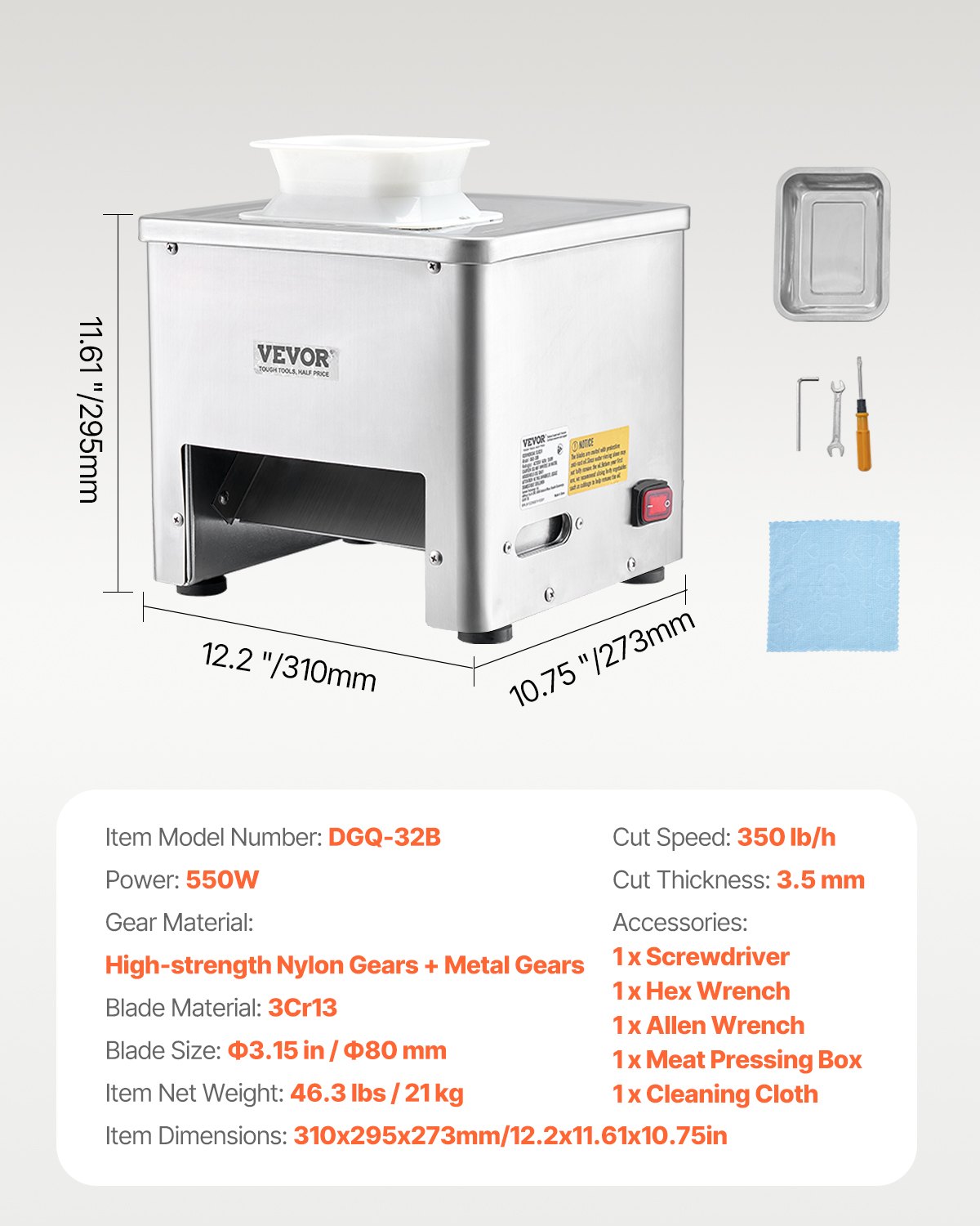 VEVOR Affettatrice Elettrica 360 x 345 x 418 mm Affettatrice Commerciale in Acciaio Inox, 550W 159 kg all'Ora, Macchina per Tagliare Carne Commerciale, Spessore 2,5 a 10 mm per Ristorante Supermercato