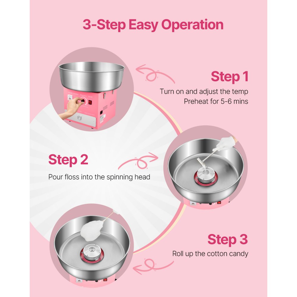 VEVOR Macchina Elettrica per Zucchero Filato, Macchina per Zucchero Filato Commerciale 1000 W con Ciotola in Acciaio Inox 52 cm, Misurino per Zucchero Cassetto, per Compleanni, Feste, Rosa