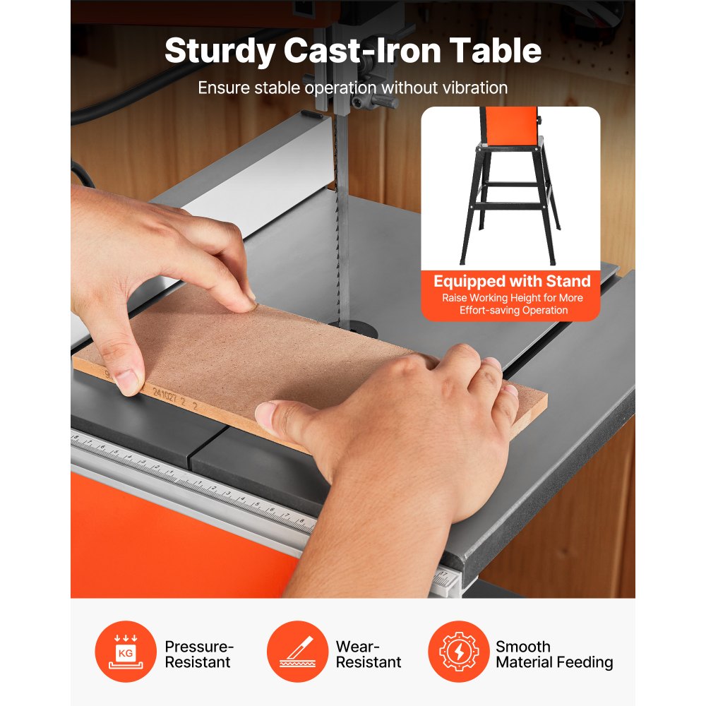 VEVOR Troncatrice a Nastro con Supporto Potenza Nominale 373W Lunghezza di Taglio max. 254 mm Altezza di Taglio max. 160 mm Tavolo in Ghisa con Luce di Lavoro a 360° per Lavorazione del Legno