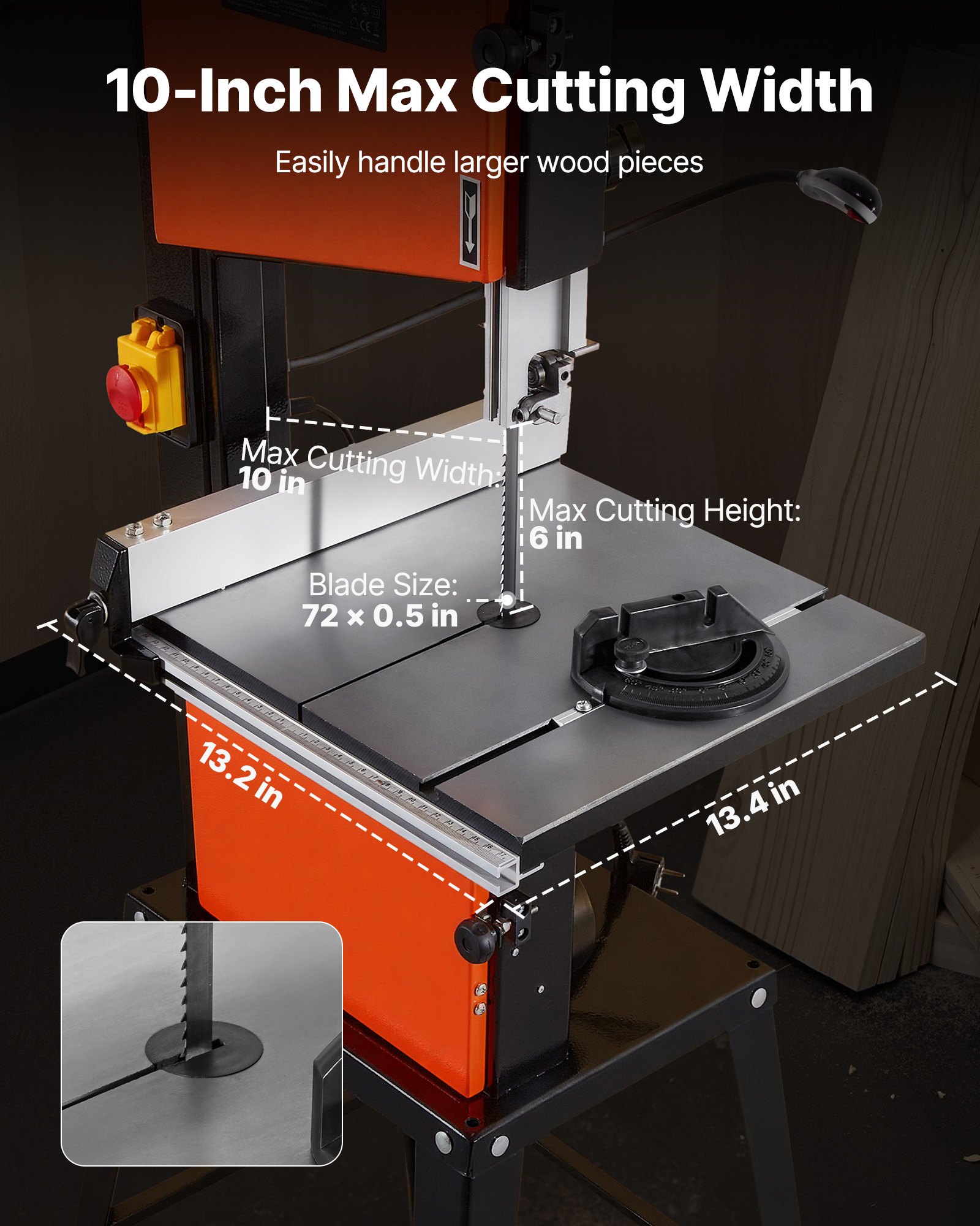 VEVOR Troncatrice a Nastro con Supporto Potenza Nominale 373W Lunghezza di Taglio max. 254 mm Altezza di Taglio max. 160 mm Tavolo in Ghisa con Luce di Lavoro a 360° per Lavorazione del Legno