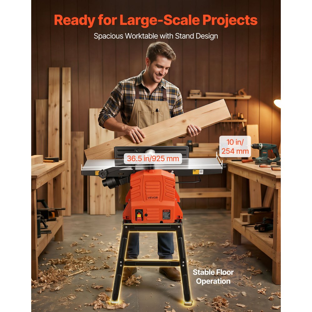 VEVOR Piallatrice del Legno 2,4 CV Pialla da Banco per Lavorazione del Legno 25,4 x 92,5 cm Falegnameria Velocità 8000 giri/min con Supporto Testa di Taglio Dritta 2 Lame Profondità Taglio Regolabile