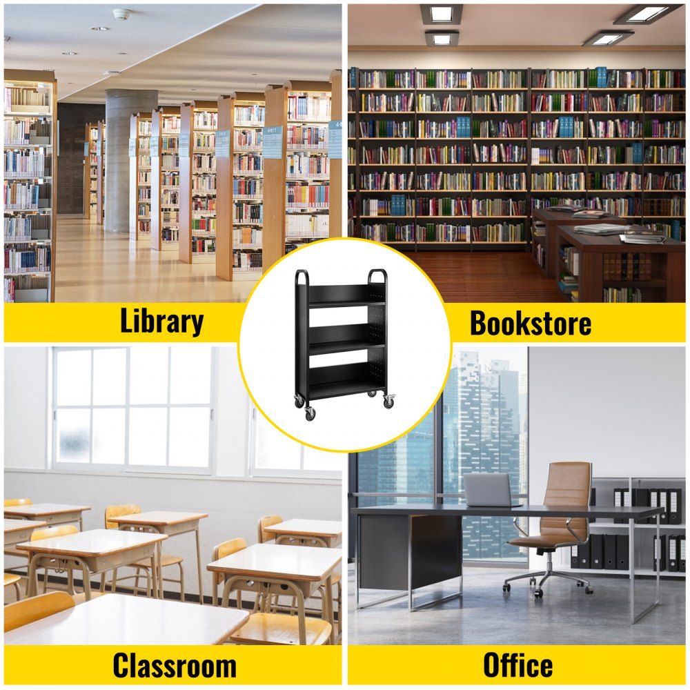 Carrello per libri Carrello per biblioteca da 200 libbre con ripiani inclinati a forma di L su un lato in nero