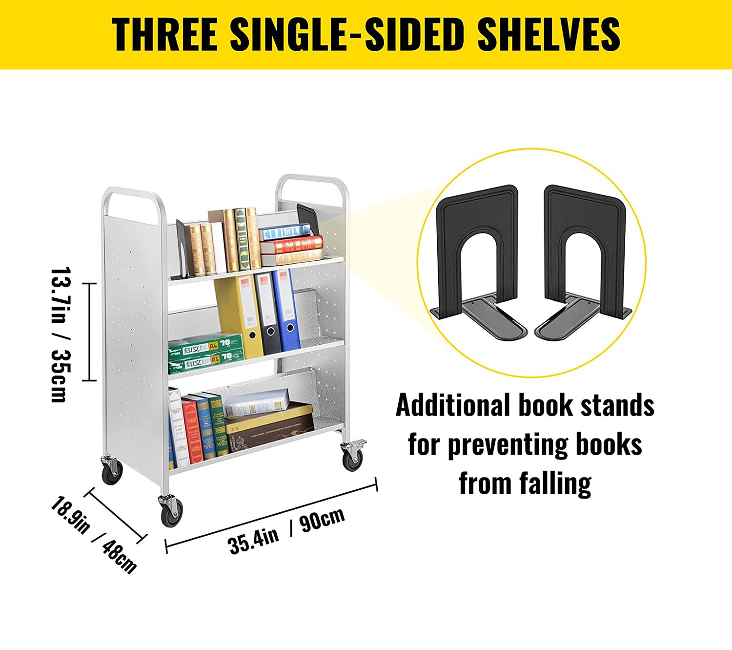 VEVOR Carrello per Libri, Carrello per Biblioteca da 200 Libbre, Carrello per Libri con Ruote 35x19x49 Pollici Ripiani Inclinati a Doppia Faccia a Forma di W con Ruote Bloccabili da 4 Pollici