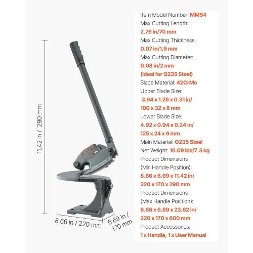Cesoia Manuale A Leva Per Metallo – Taglia Acciaio Tondo 13 Mm E Piatto 6 Mm Con Morsetto Regolabile Da Banco