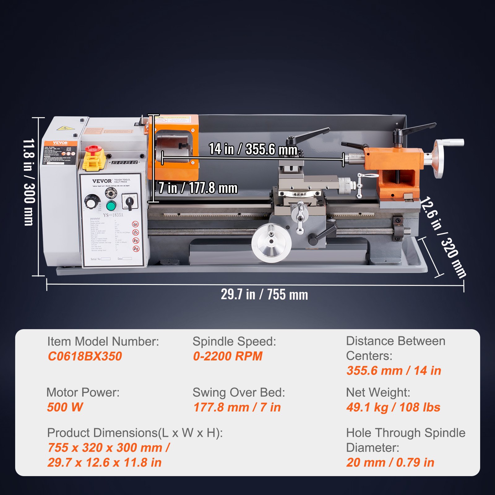 VEVOR Tornio da Banco per Metallo Motore 500W in Ghisa HT200 Velocità tra 0-2200 giri/min Variazione Costante, Tornio Elettrico per Metalli 755 x 320 x 300 cm Cono Mandrino MT3 Diametro Mandrino 100mm