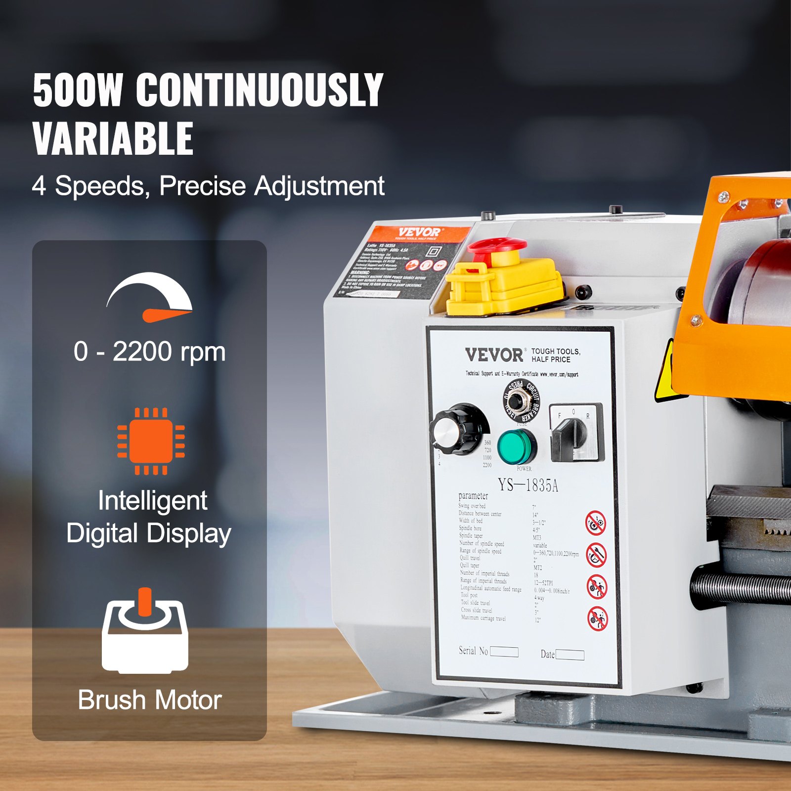 VEVOR Metal Lathe 500W, 18x36cm Table Lathe made of HT200 Cast Iron, 0-2200 RPM, Poly-V Belt Drive, 20mm Spindle Bore, Suitable for 0.5-2.5mm Threads