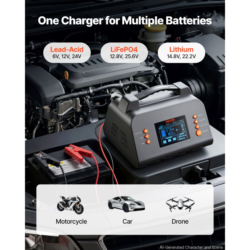 VEVOR Caricabatterie Intelligente per Batterie al Litio LiFePO4 Piombo 25 A Schermo LCD 3,8 pollici, Compatibile con Auto, ATV, Tosaerba, Camper di Medie Dimensioni, Mantenitore di Carica Desolfatante