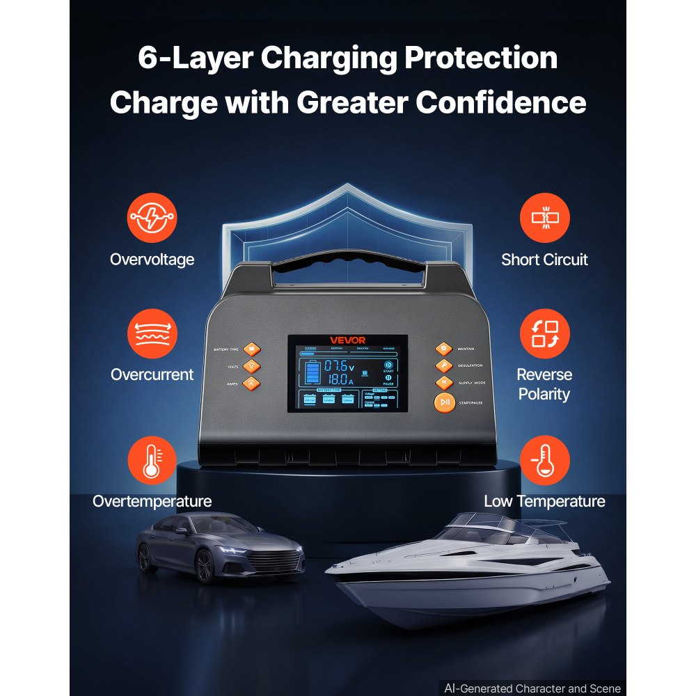 VEVOR Caricabatterie Intelligente per Batterie al Litio LiFePO4 Piombo 25 A Schermo LCD 3,8 pollici, Compatibile con Auto, ATV, Tosaerba, Camper di Medie Dimensioni, Mantenitore di Carica Desolfatante
