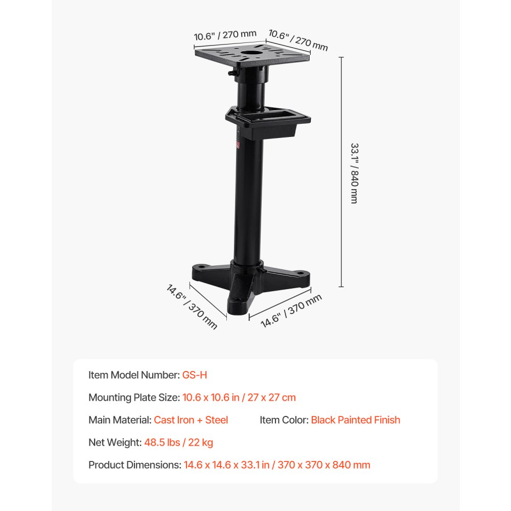 VEVOR Supporto per Smerigliatrice da Banco, Piedistallo da Pavimento per Smerigliatrice Morsa con Piastra di Montaggio 27 x 27 cm, Fessure di Montaggio Contenitore per l'Acqua, Altezza 840 mm