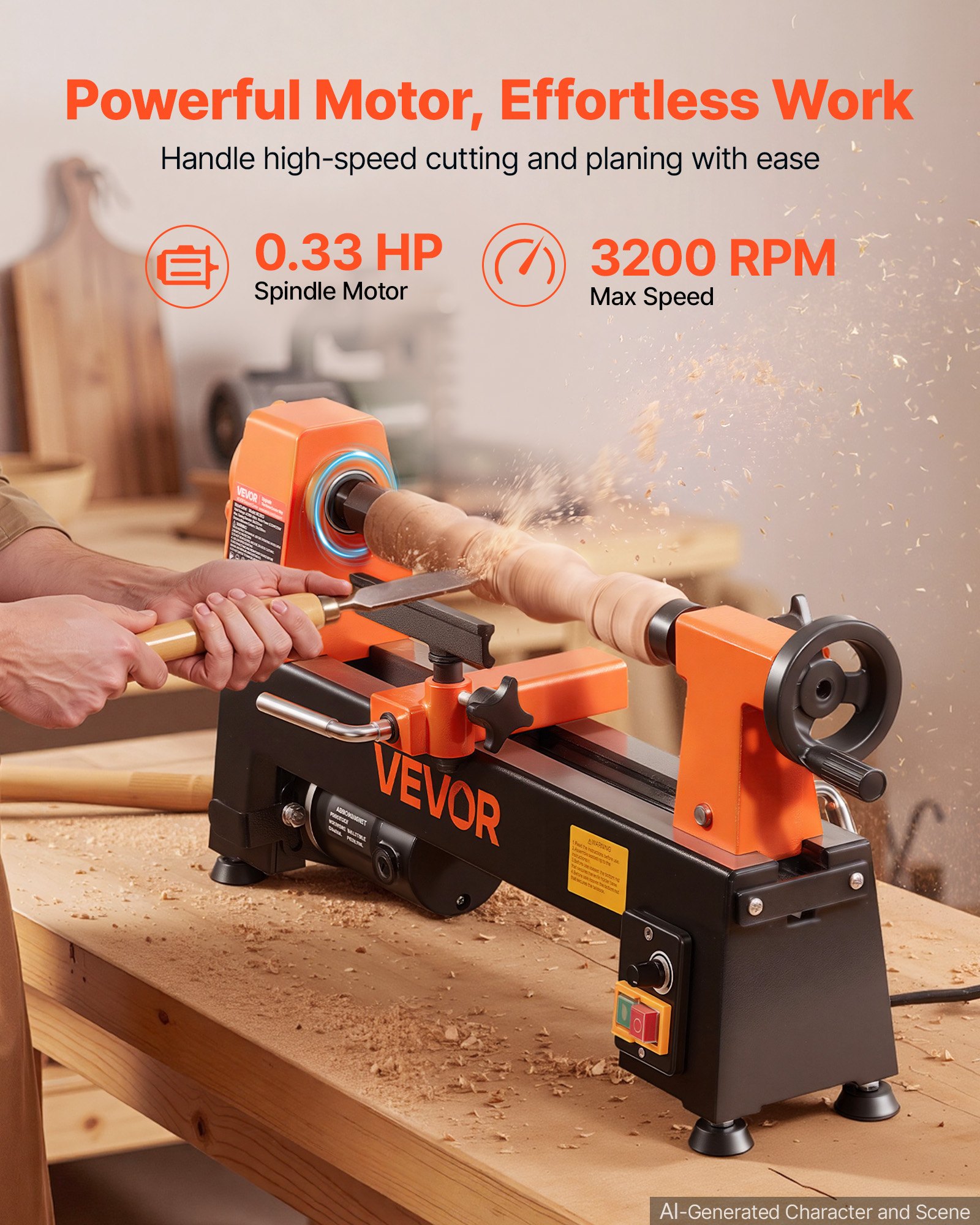 VEVOR Tornio per Legno da Banco 250 W 200 x 330 mm 150 a 3200 giri/min per Principianti, Appassionati Fai da Te, Lavorazione del Legno e Tornitura, Velocità Regolabile, con Portautensile, Chiavi