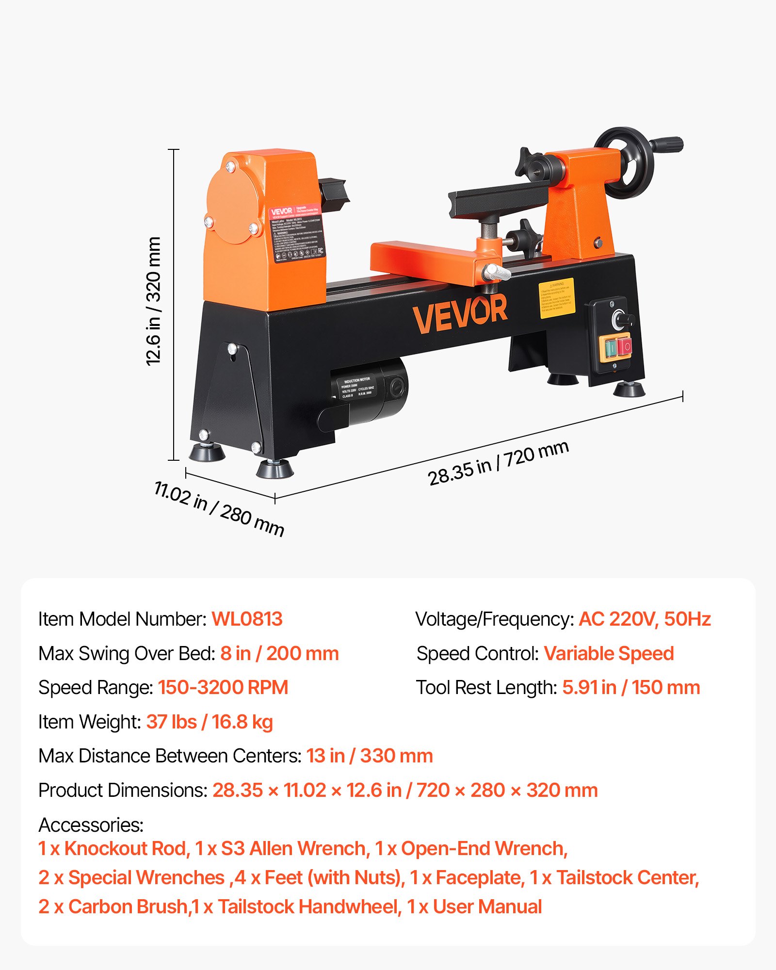 VEVOR Tornio per Legno da Banco 250 W 200 x 330 mm 150 a 3200 giri/min per Principianti, Appassionati Fai da Te, Lavorazione del Legno e Tornitura, Velocità Regolabile, con Portautensile, Chiavi