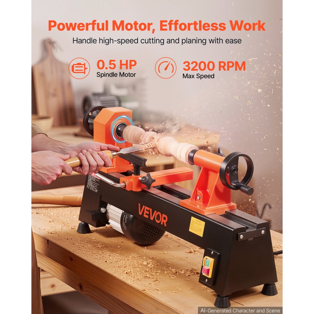 VEVOR Tornio per Legno da Banco 375 W 254 x 465 mm 5 Velocità Regolabili Per Principianti, Appassionati Fai da Te, Lavorazione del Legno e Tornitura, 650/1100/1600/2200/3200 giri/min, Portautensile