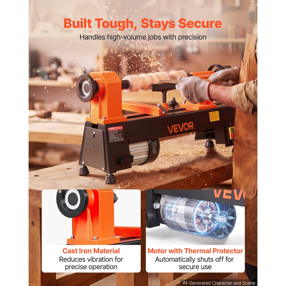 VEVOR Tornio per Legno da Banco 375 W 254 x 465 mm 5 Velocità Regolabili Per Principianti, Appassionati Fai da Te, Lavorazione del Legno e Tornitura, 650/1100/1600/2200/3200 giri/min, Portautensile