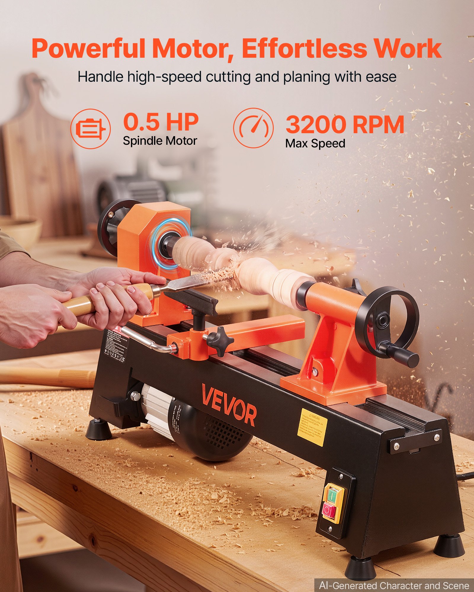 VEVOR Tornio per Legno da Banco 375 W 254 x 465 mm 5 Velocità Regolabili Per Principianti, Appassionati Fai da Te, Lavorazione del Legno e Tornitura, 650/1100/1600/2200/3200 giri/min, Portautensile