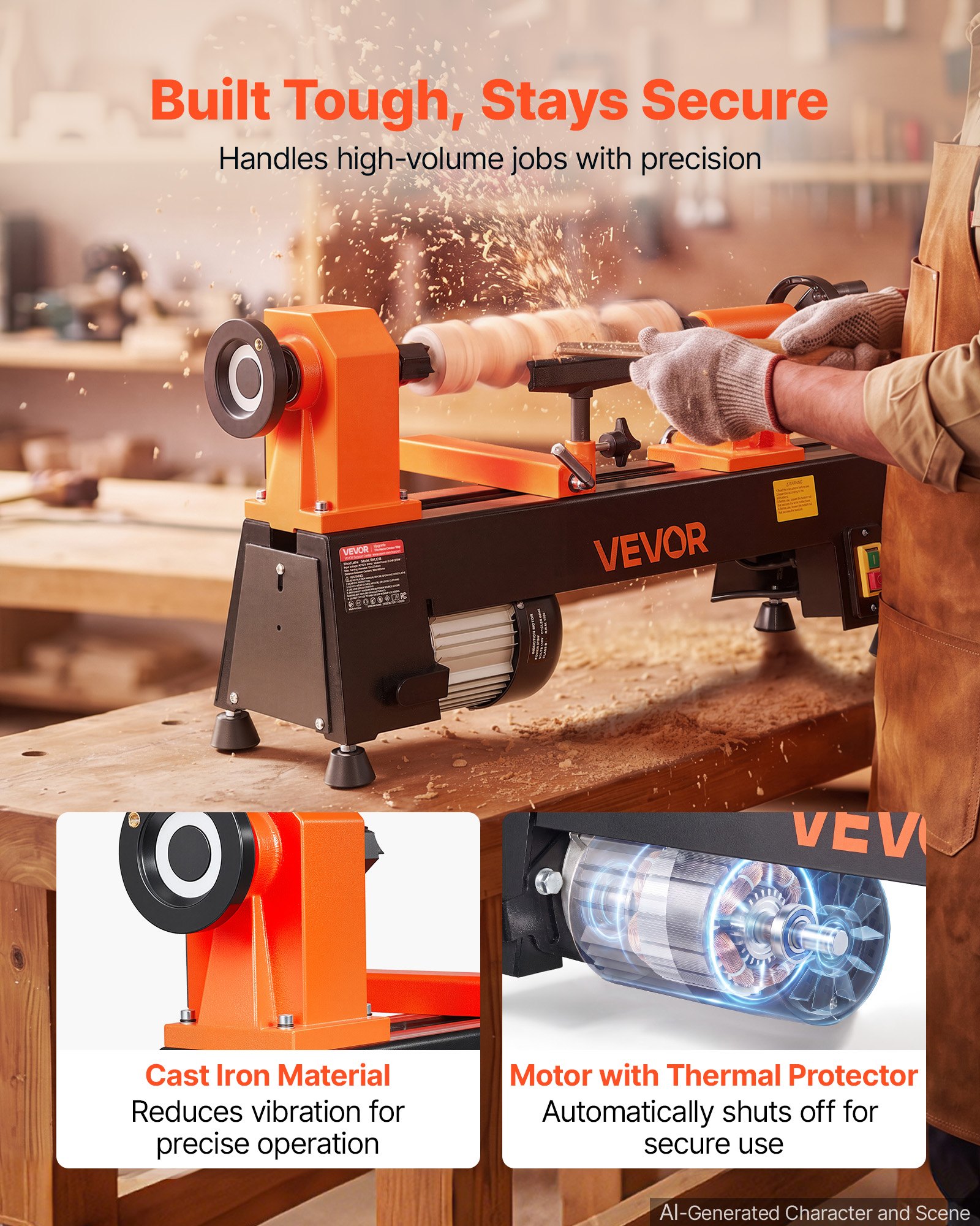 VEVOR Tornio per Legno da Banco 375 W 254 x 465 mm 5 Velocità Regolabili Per Principianti, Appassionati Fai da Te, Lavorazione del Legno e Tornitura, 650/1100/1600/2200/3200 giri/min, Portautensile