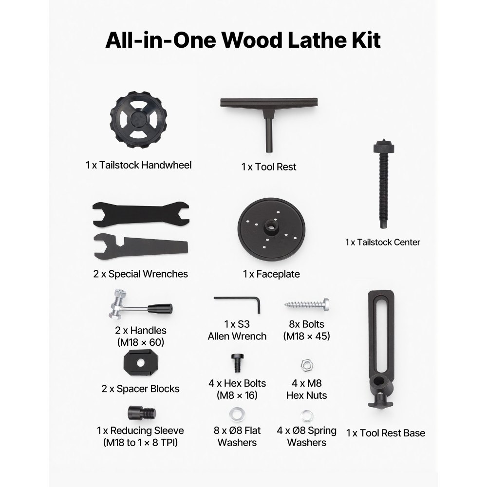 VEVOR Tornio per Legno da Banco 375 W 355 x 1016 mm 4 Velocità Regolabili per Principianti, Appassionati Fai da Te, Lavorazione del Legno e Tornitura, Velocità Regolabile, 720/1240/1750/2150 giri/min