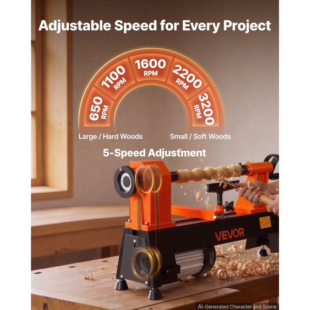 VEVOR Tornio per Legno da Banco 560 W 304 x 465 mm 5 Velocità Regolabili Acciaio #45, Principianti, Fai da Te, Lavorazione Legno e Tornitura, Velocità Regolabile, 650/1100/1600/2200/3200 giri/min