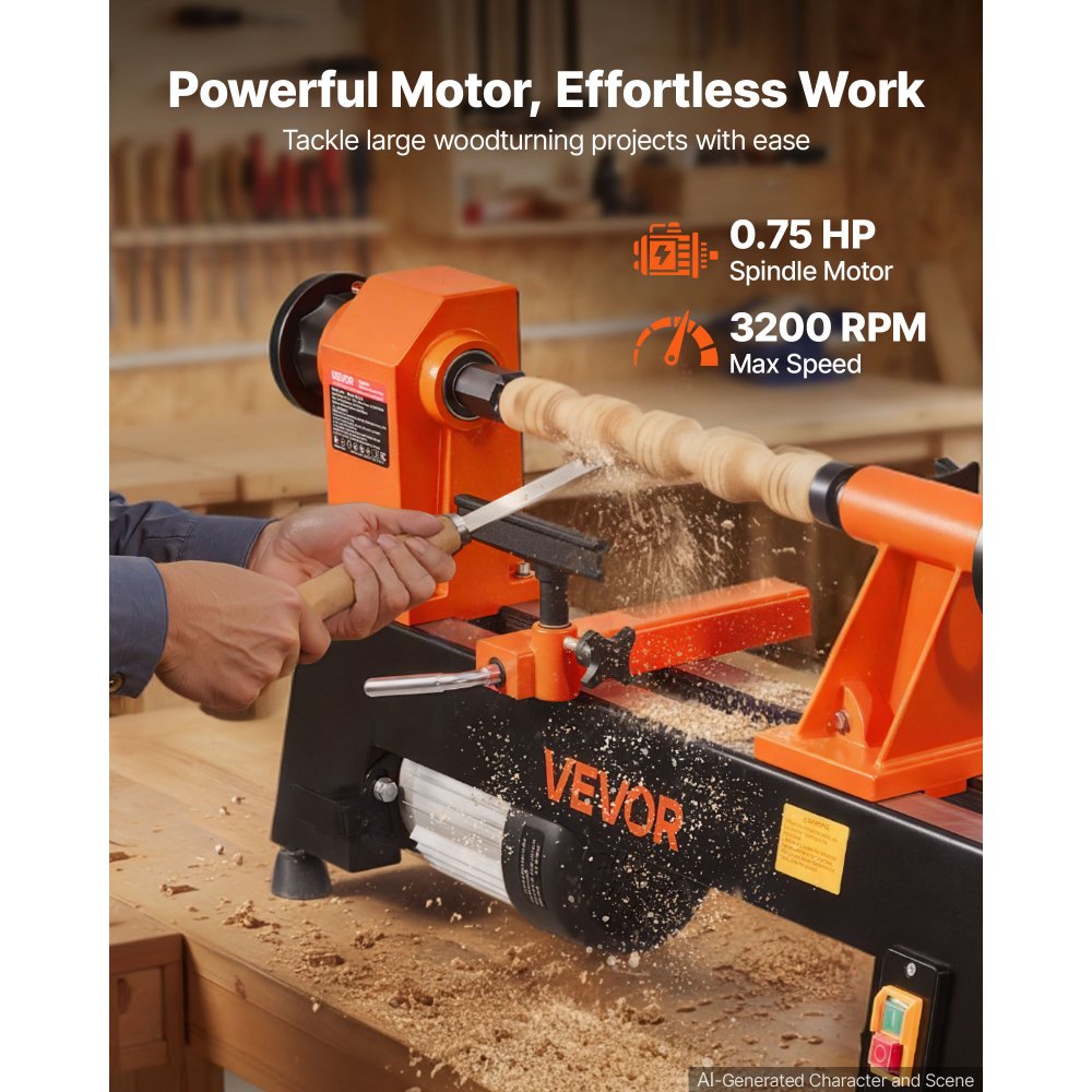 VEVOR Tornio per Legno da Banco 560 W 304 x 465 mm 5 Velocità Regolabili Acciaio #45, Principianti, Fai da Te, Lavorazione Legno e Tornitura, Velocità Regolabile, 650/1100/1600/2200/3200 giri/min